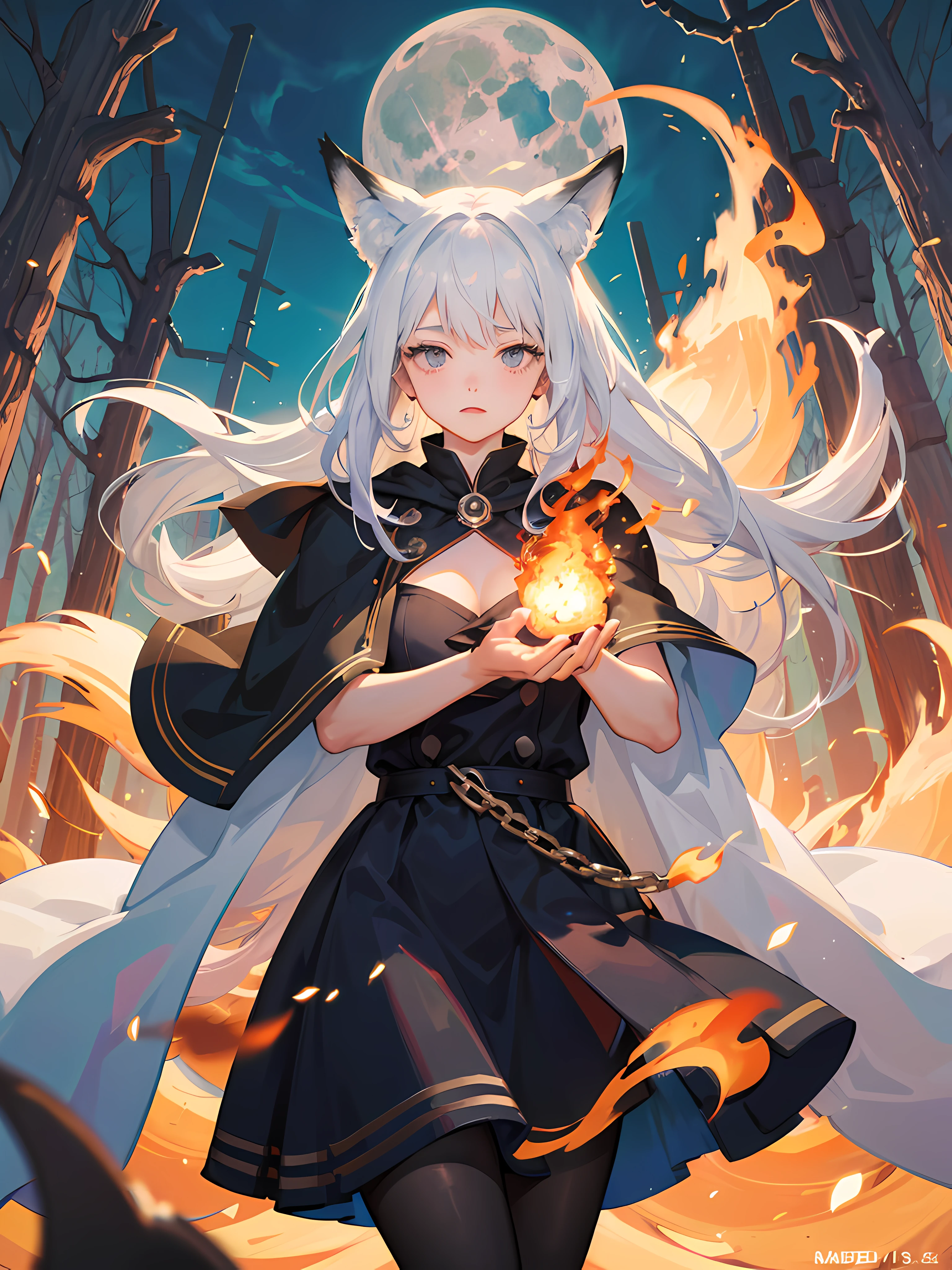 (Masterpiece:1.2, Best quality:1.2) , {Fox girl} , ((fox ear)) , Very long hair , pony tails , whaite hair , Medium ,Black eyes ,((Masterpiece)), (((Best quality))), ((Ultra-detailed)), ((illustration)), ((Disheveled hair)) , parfect anatomy ,Black strapless dress, Cloak, Black pantyhoba , Solo , one-girl , (at a forest) , magic , Fire on the hand , Night , Moon , Moon light , (Fighting posture) , Magical Circle , Hands on a big fireball , Fire cube on a circle ,