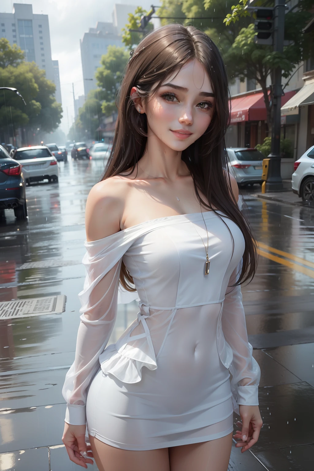 ((Best Quality, 8K, Masterpiece:1.3)), Focus: 1.2, Perfect Body Beauty: 1.4, Buttocks: 1.2, ((Layered Haircut, Breasts: 1.2)), (Wet Clothes: 1.1), (Rain, Street:1.3), Bandeau Dress: 1.1, Highly Detailed Face and Skin Texture, Fine Eyes, Double Eyelids, Whitening Skin, Long Hair, (Shut Up: 1.3), Smile