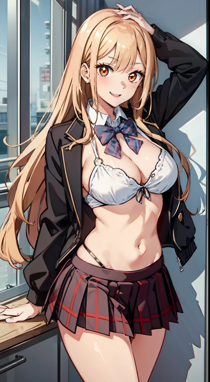 long hair, cleavage, navel, slim legs, blonde hair, skirt, Kitagawa marin, school uniform, class, navel, happy, orange eyes