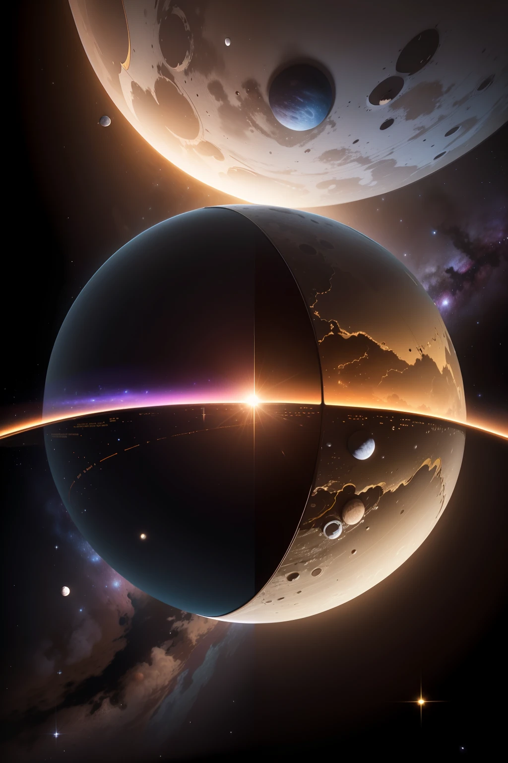The James Webb Space Telescope at the Lagrange point L2 with the planet Earth and the Moon in the background, with the Sun in the background as well, each of these astronomical objects with their due proportions of distance in relation to James Webb, and respecting the distances between their orbits.