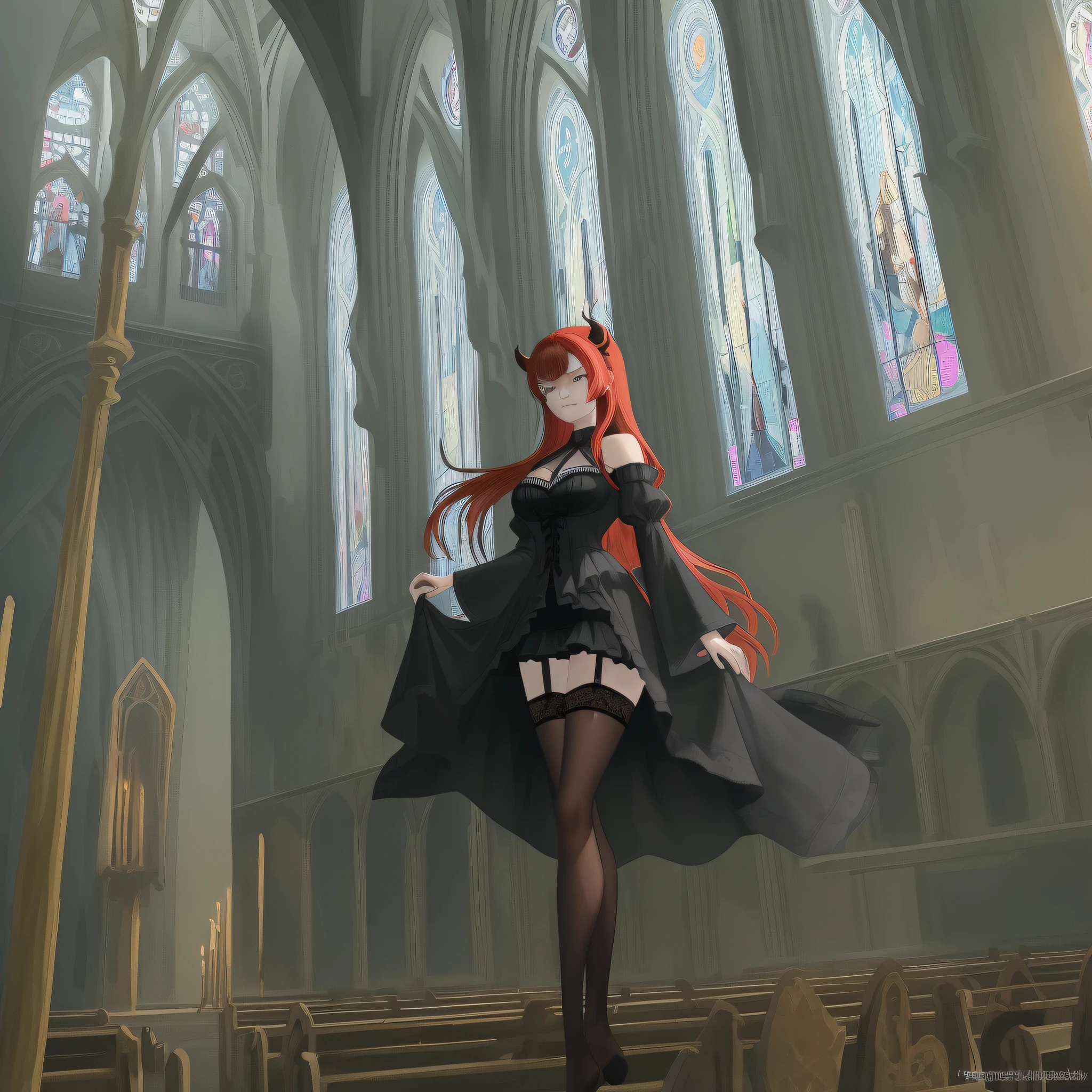 Redhead girl Horns Busty figure Black lace hem Black dress Dress swimsuit Church stained windows Gothic architecture Absolute field Over-the-knee socks Overlook garter belt Raise skirt corner Disgusted face