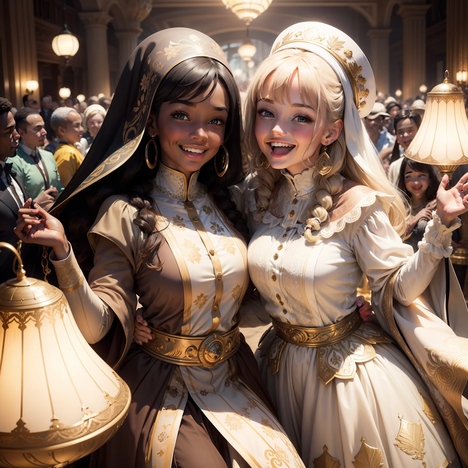 Environment with happy people people wearing decent clothes lots of joy on the face are of happiness environment of happiness and joy best quality masterpiece 4K beauty encrusted lots of light carpet lampshades lots of light and joy people beautiful face happiness white people black people together being happy