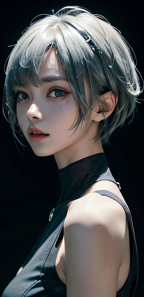 Masterpiece, 1 Beautiful Girl, Detailed Eyes, Swollen Eyes, Top Quality, Ultra High Resolution, (Reality: 1.4), Original Photo, 1Girl, Cinematic Lighting, Japanese, Asian Beauty, Korean, Very Beautiful, Beautiful Skin, Slender, Body Facing Front, (Ultra Realistic), (High Resolution), (8 K), (very detailed), (best illustration), (beautifully detailed eyes), (super detailed), detailed face, looking viewer, facing straight ahead, neat clothes, sleeveless, short hair, silver hair, 46 point slanted bangs, cyberpunk background, neat and clean,