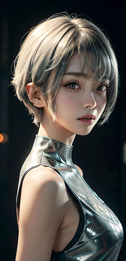 Masterpiece, 1 Beautiful Girl, Detailed Eyes, Swollen Eyes, Top Quality, Ultra High Resolution, (Reality: 1.4), Original Photo, 1Girl, Cinematic Lighting, Japanese, Asian Beauty, Korean, Very Beautiful, Beautiful Skin, Slender, Body Facing Front, (Ultra Realistic), (High Resolution), (8 K), (very detailed), (best illustration), (beautifully detailed eyes), (super detailed), detailed face, looking viewer, facing straight ahead, neat clothes, sleeveless, short hair, silver hair, 46 point slanted bangs, cyberpunk background, neat and clean,