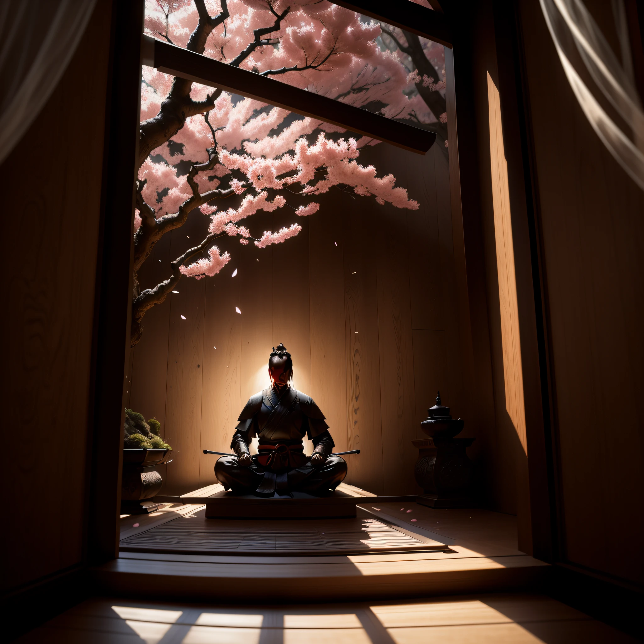 silhouette of an elderly samurai meditating under a blossoming cherry tree, petals falling like rain around him, a sense of harmony with nature, breathing calm and inner peace, Carving, hand carved wood, fine details in the texture of the tree