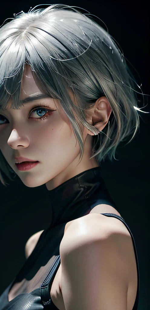Masterpiece, 1 Beautiful Girl, Detailed Eyes, Swollen Eyes, Top Quality, Ultra High Resolution, (Reality: 1.4), Original Photo, 1Girl, Cinematic Lighting, Japanese, Asian Beauty, Korean, Very Beautiful, Beautiful Skin, Slender, Body Facing Front, (Ultra Realistic), (High Resolution), (8 K), (very detailed), (best illustration), (beautifully detailed eyes), (super detailed), detailed face, looking viewer, facing straight ahead, neat clothes, sleeveless, short hair, silver hair, 46 point slanted bangs, cyberpunk background, neat and clean,