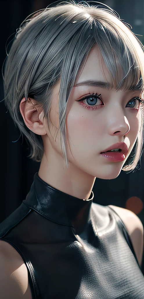 Masterpiece, 1 Beautiful Girl, Detailed Eyes, Swollen Eyes, Top Quality, Ultra High Resolution, (Reality: 1.4), Original Photo, 1Girl, Cinematic Lighting, Japanese, Asian Beauty, Korean, Very Beautiful, Beautiful Skin, Slender, Body Facing Front, (Ultra Realistic), (High Resolution), (8 K), (very detailed), (best illustration), (beautifully detailed eyes), (super detailed), detailed face, looking viewer, facing straight ahead, neat clothes, sleeveless, short hair, silver hair, 46 point slanted bangs, cyberpunk background, neat and clean,