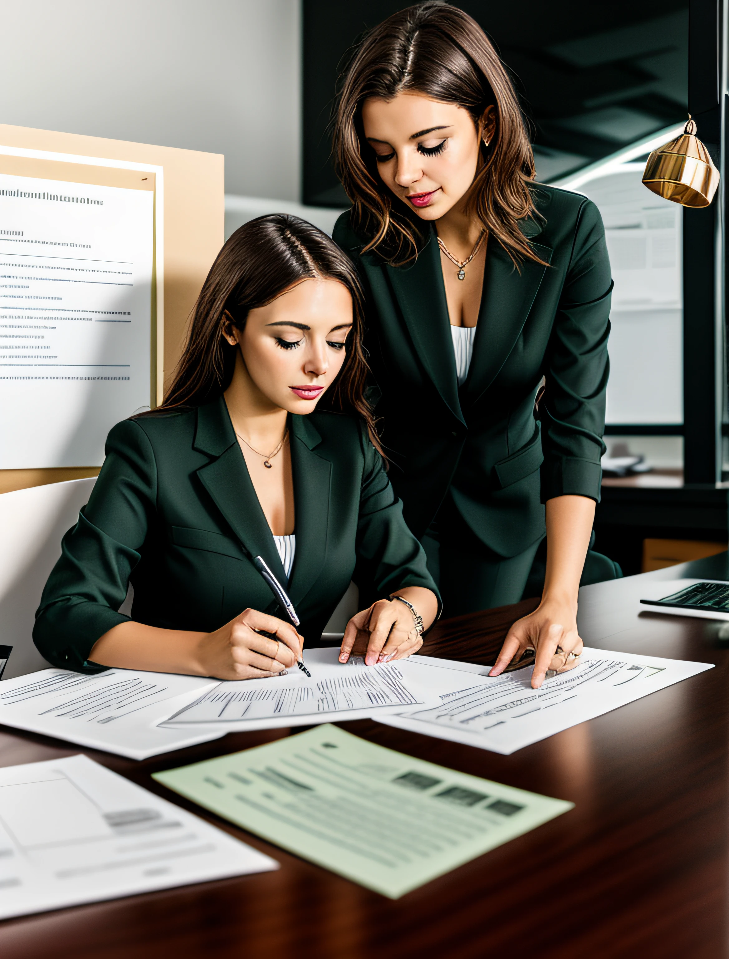 Two women are working on paperwork at a desk in an office, Assinar um projeto de lei, excelente detalhe, fundo interessante, arte profissional, working in an office, imagem profissional, beautiful high resolution, nongraphic, super high resolution, cooperar profissionalmente, profissionalmente, bem editado, Pessoas no Trabalho, high definiton, advertising photo, editing, in an office, alta qualidade de imagem