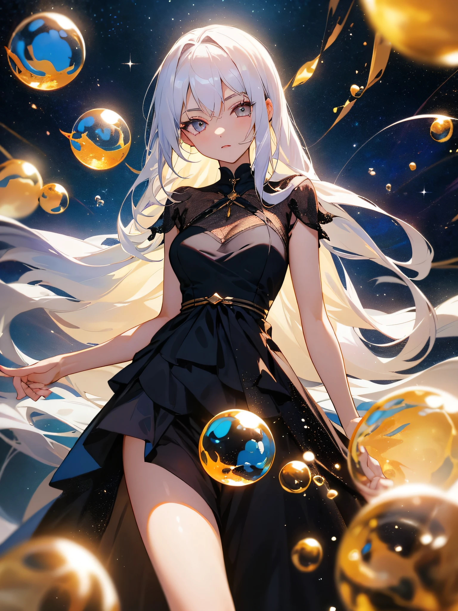 1 adult, masterpiece, best quality, girl, look at the viewer, ((she touching a bubble)), in the universe, with a black dress, golden details, ((looking pretty)), ((very confident)), white hair, silver eyes, long straight hair, many bubbles around, self-confident, powerful, epic, bubbles falling