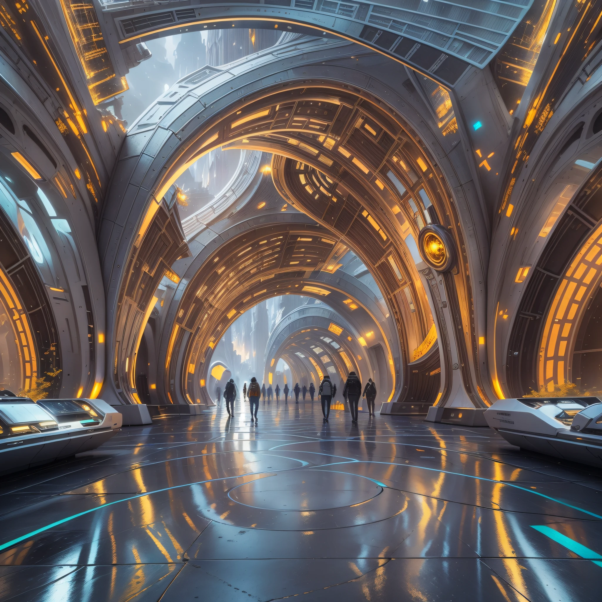 en un planeta desconocido la tripulacion de una spacecraft, Stroll through its bright pavement observing the immense buildings of great technology and fantastic design with colors of the luminous arch and abundance of silver, oro y bronce en sus edificaciones.