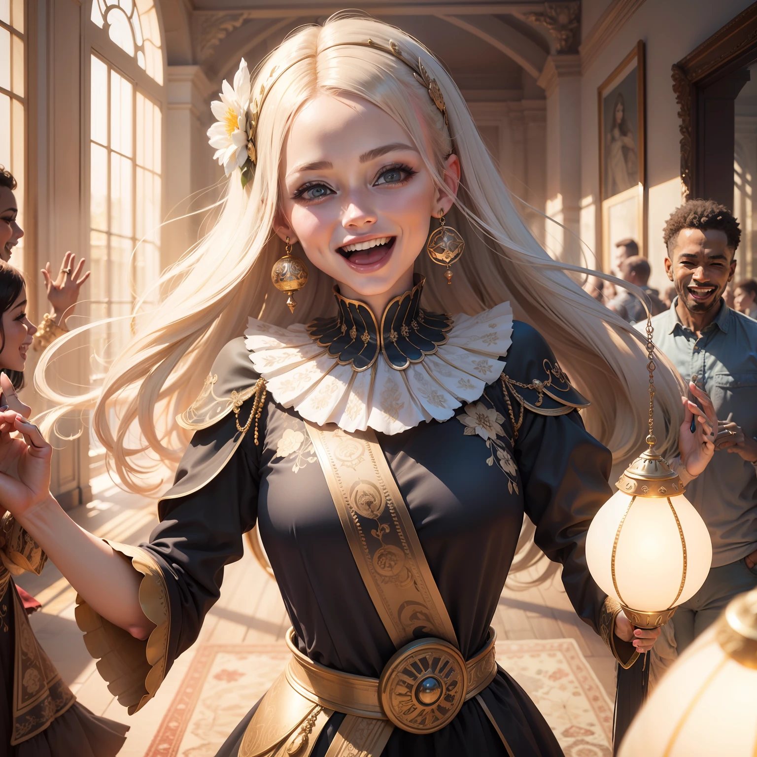 Environment with happy people people wearing decent clothes lots of joy on the face are of happiness environment of happiness and joy best quality masterpiece 4K beauty encrusted lots of light carpet lampshades lots of light and joy people beautiful face happiness white people black people together being happy