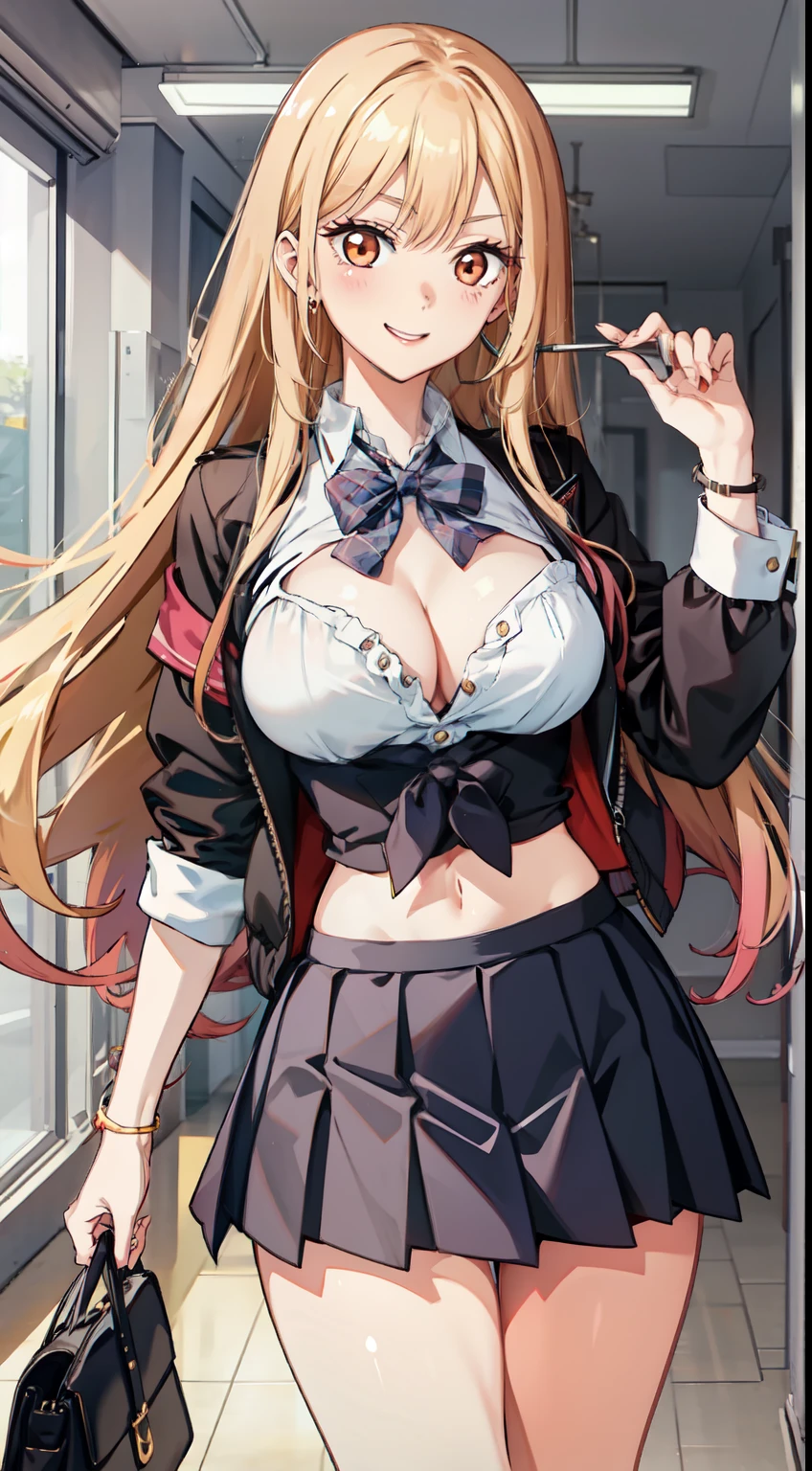 long hair, cleavage, navel, slim legs, blonde hair, skirt, Kitagawa marin, school uniform, class, navel, happy, orange eyes