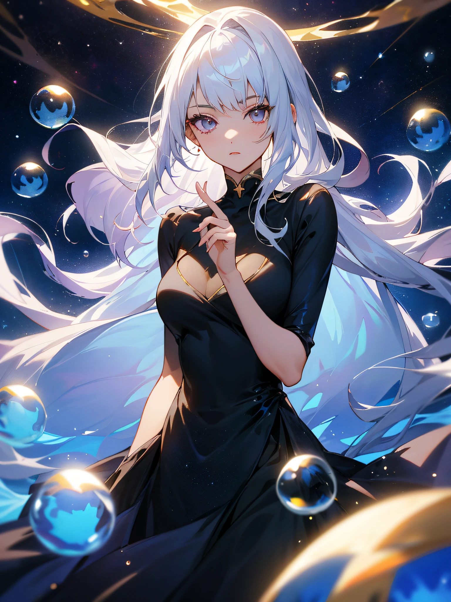 1 adult, masterpiece, best quality, girl, look at the viewer, ((she touching a bubble)), in the universe, wearing a black dress, ((looking pretty)), ((very confident)), white hair, silver eyes, long straight hair, many bubbles around, self-confident, powerful, epic, goddess