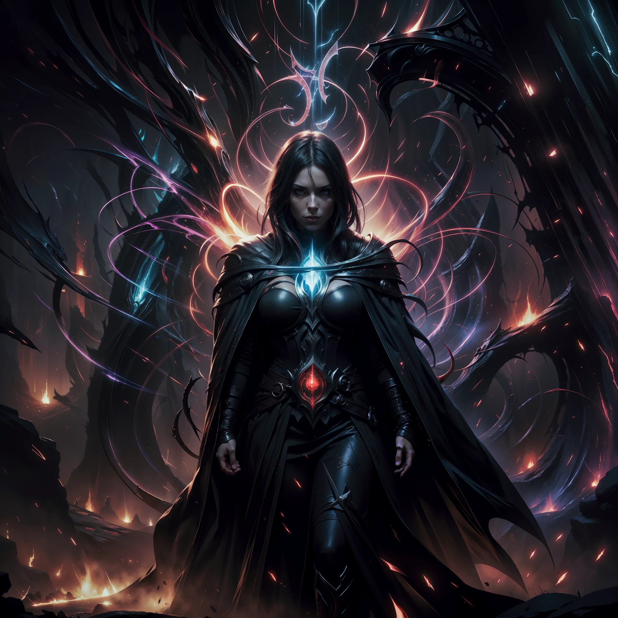breathtaking concept art ((legendary dark mage lord)), black coat. (cave scenery), dark atmosphere, (vibrant colors), ((red sparks coming from the eyes)), eyecatching, mysterious and scary, dark fog, cave light, hd, 8k, masterpiece, trending on artstation, (depth of field), lot of details, highly detailed, style of Greg Rutkowski and Bastien Lecouffe-Deharme, award-winning, professional, highly detailed,large breasts