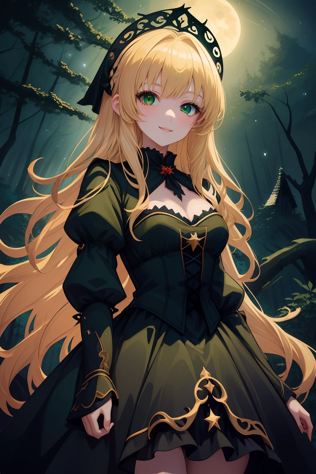 A  girl, Average height, Skinny, Medium-sized breasts. blonde hair, Green eyes, pretty eyes, Detail Eyes, ssmile. The girl is dressed in a black medieval dress in the European style. A girl stands in a dark forest, moonlight lighting, the night, Stars. The girl is surrounded by red butterflies. Magic, witchy. Detailed background, dinamic lighting, dynamicpose. Detailed outfit.