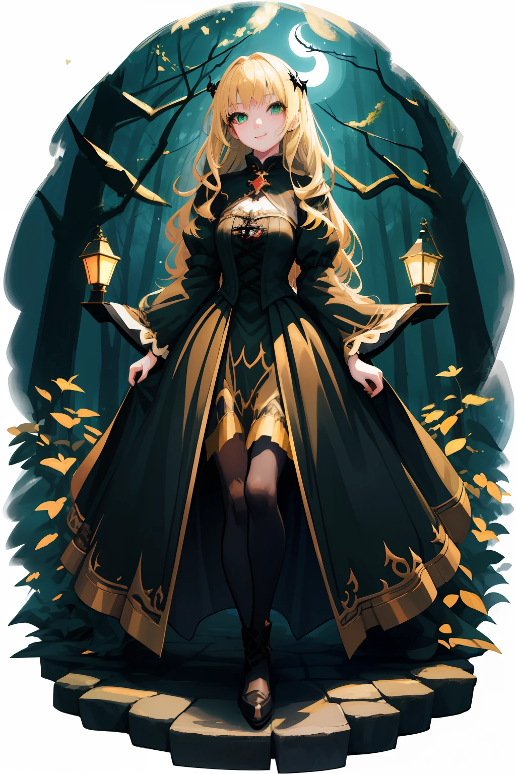 A  girl, Average height, Skinny, Medium-sized breasts. blonde hair, Green eyes, pretty eyes, Detail Eyes, ssmile. The girl is dressed in a black medieval dress in the European style. A girl stands in a dark forest, moonlight lighting, the night, Stars. The girl is surrounded by red butterflies. Magic, witchy. Detailed background, dinamic lighting, dynamicpose. Detailed outfit.