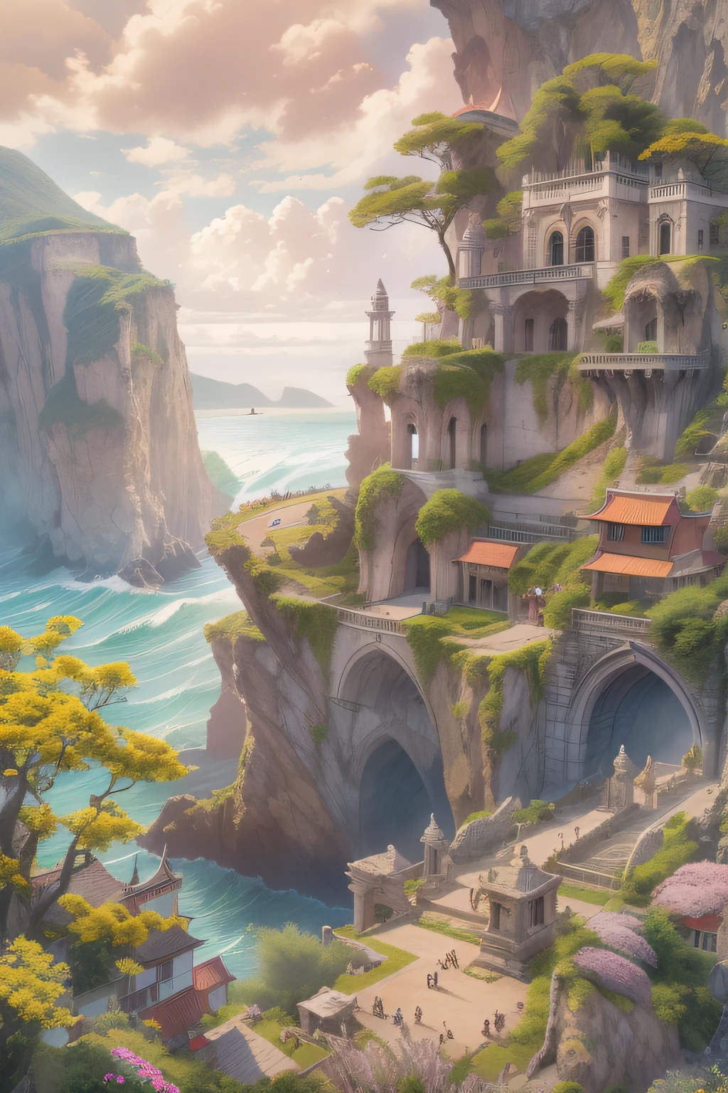by the pumice island of Baiae Bay, Eta、Old palaces and towers sleeping on the day of the waves々I saw him trembling, All overgrown with azure moss and flowers,Flowers are blooming nearby、There are two large clock towers、The sea is in bad weather、Waves hit a cliff,Sci-fi movie effects