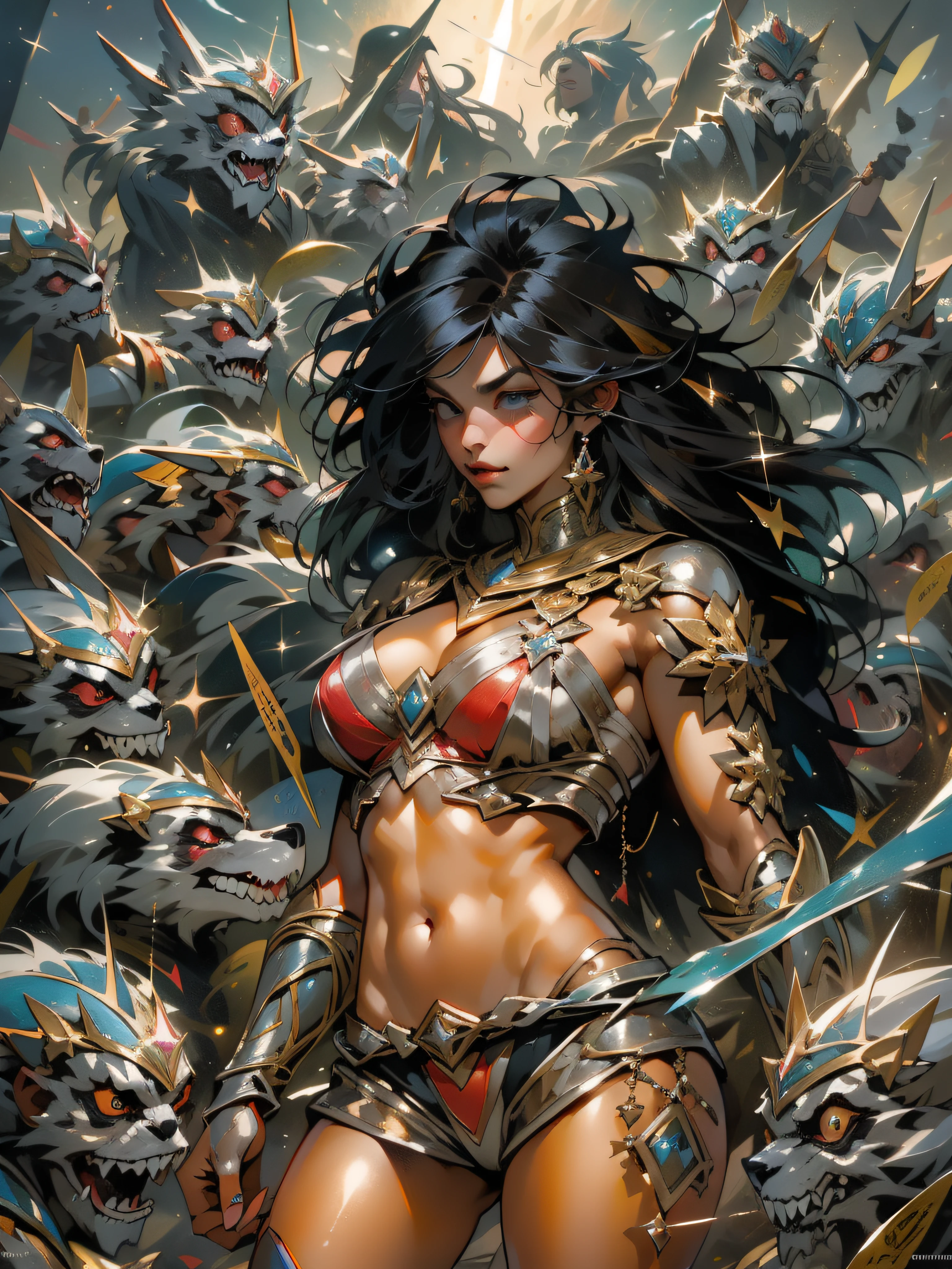 (((mulher))), (((melhor qualidade))), (((obra prima))), (((adulta))), Uma guerreira mulher de 35 anos com corpo perfeito, She-Lobo, (( under boobs )), quase nua no estilo selvagem urbano de Simon Bisley para a capa da revista Heavy Metal, cabelo loiro, Minimum clothing, armadura (vermelho escuro com estrelas brancas), cheio de pontas e rebites manchadas de tinta, tatuagem de estrelas de 5 pontas, (((corpo inteiro))), cabelo curto, nijistyle