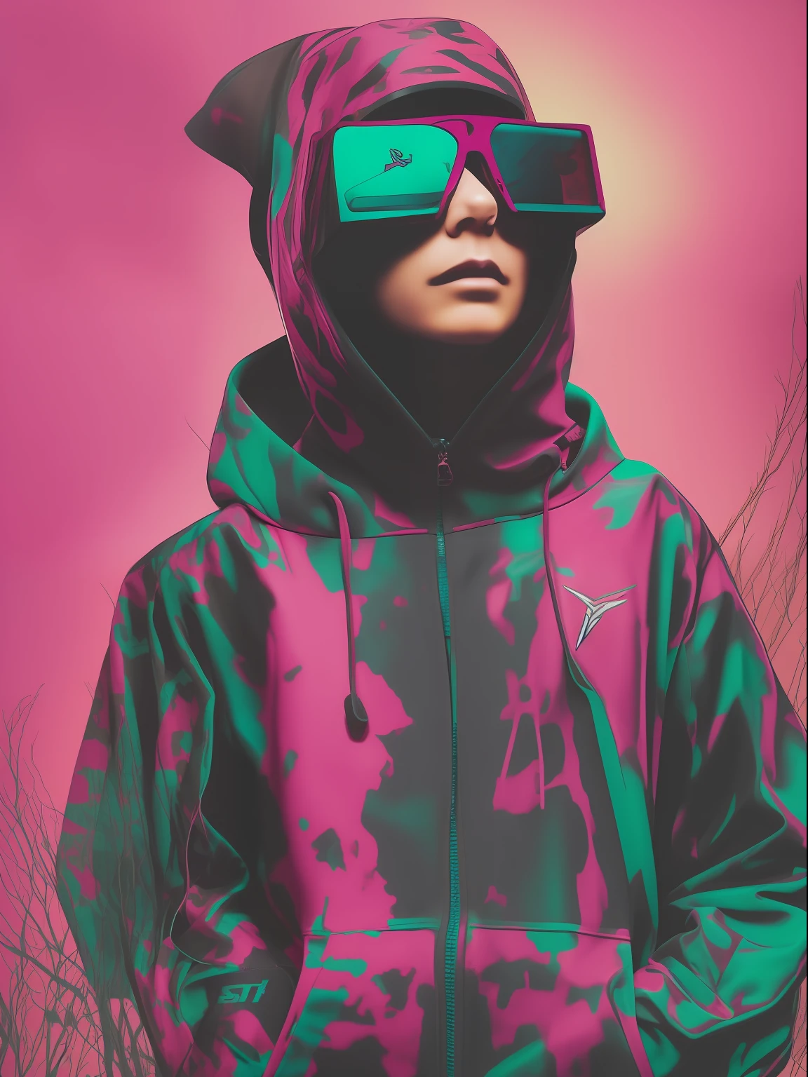 a closeup of a person wearing a pink hoodie and sunglasses, Cyberpunk Streetwear, usando streetwear cyberpunk, she is wearing streetwear, mulher no streetwear, e-menina, E - Menina, Killstar, alta moda cyberpunk, usando um capuz rosa, vestindo roupas espaciais, streetwear, menina vestindo capuz, Streetwear Graphic Design, Holograma Sci - Capuz FI, tem estilo cyberpunk