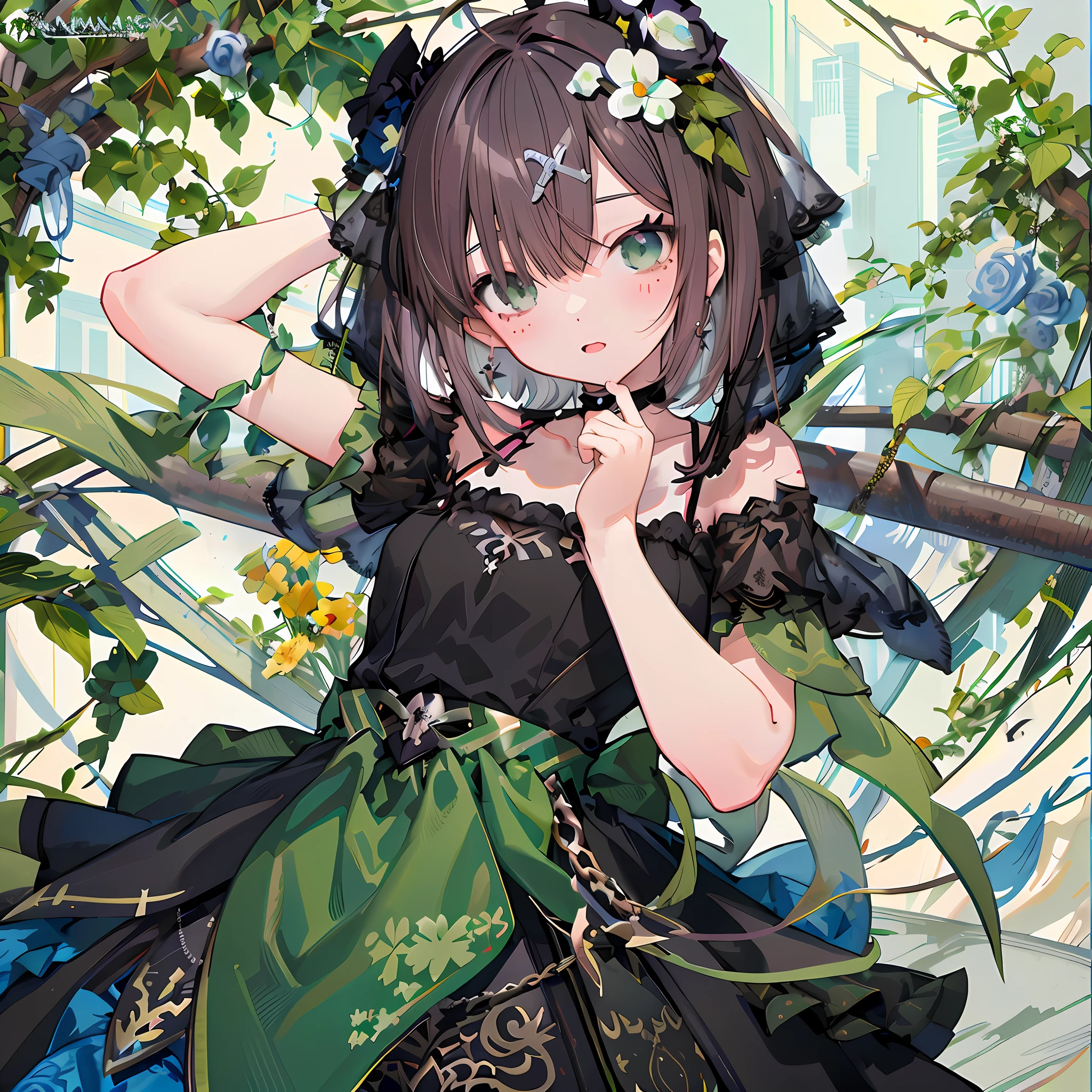 Anime girl wearing black dress,Green dress and flower crown, Kawasi, loli in dress, Official artwork, shadowverse style, Official anime artwork, Anime moe art style, high detailed official artwork, Detailed key anime art, offcial art, cute anime waifu in a nice dress, Also, a beautiful anime portrait, From Arknights