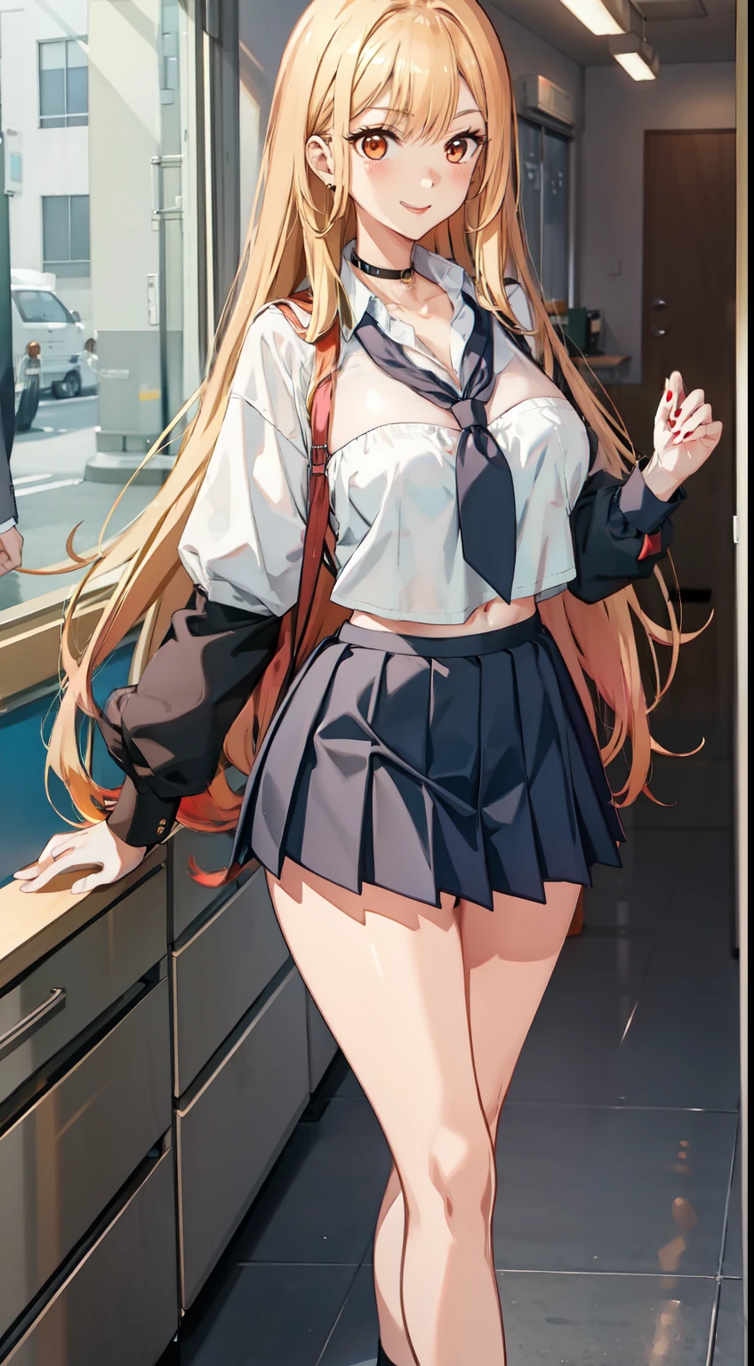 long hair, cleavage, navel, slim legs, blonde hair, skirt, Kitagawa marin, school uniform, class, navel, happy, orange eyes