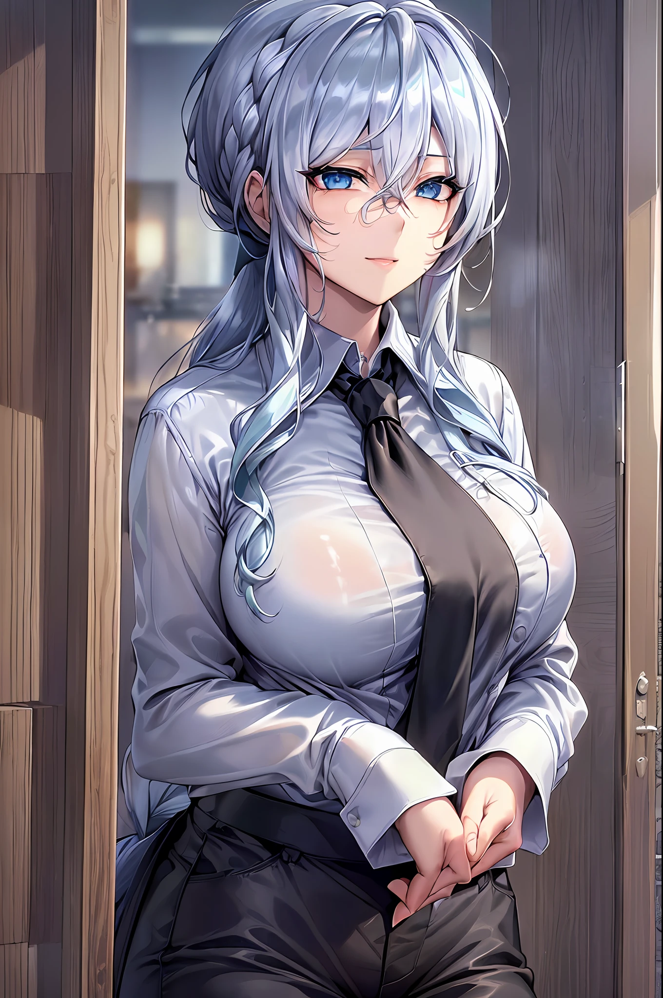 ((masterpiece)), (best quality), beautiful, extremely detailed face, perfect lighting,ultra-detailed,((expressionless)),((cold attitude)),((tsurime)),((tareme)),breasts,((Mature female)),((yukino, long hair, smile, bangs, (big breasts:1.2), braid, silver hair, braided ponytail, blue eyes, ringed eyes,
shirt, long sleeves, white shirt, necktie, collared shirt, pants, black pants, formal, suit, black necktie, shirt tucked in, office lady