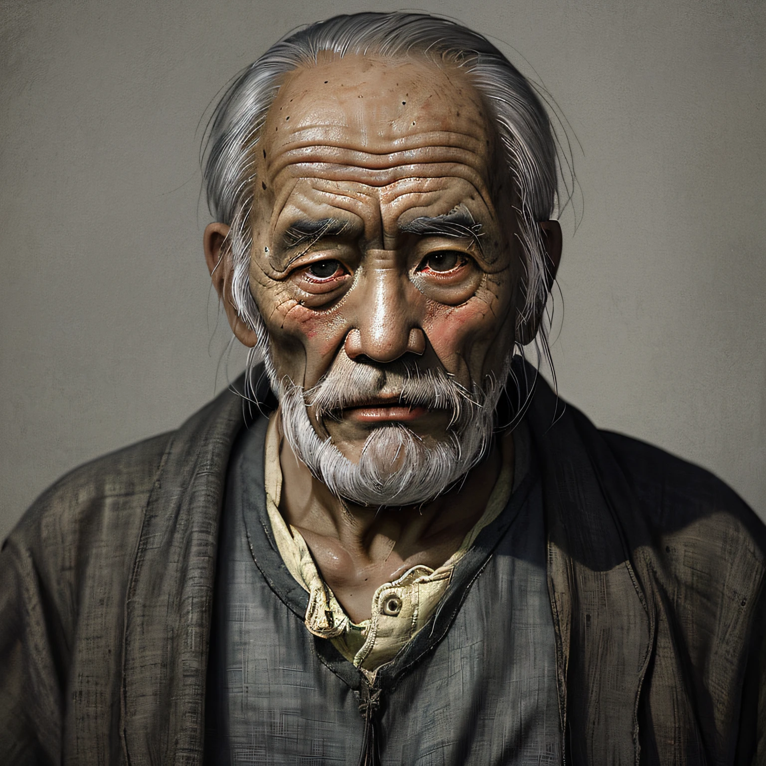 Portrait of an old man in China，ragged attire，（Overwhelming fatigue）），age wrinkles，Oil painting，Moody gray，highly  detailed，documentary photography， press photography， Pulitzer Prize-winning essays， Frankness，