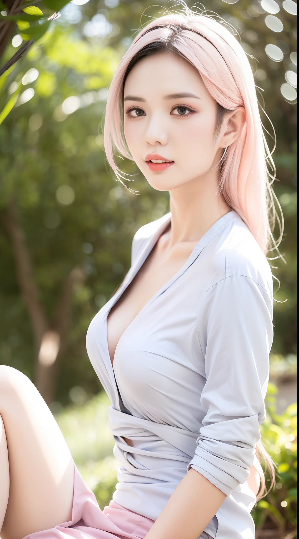 (masterpiece), (high quality), (8k resolution), (RAW photo), (best quality), (masterpiece:1.5), (realistic:1.5), ((photo realistic)), vibrant details, hyper realistic,1girl, (cute:1.2), beautiful, high-quality and detailed face, perfect face, (white hair And light pink hair:1.4), rosy cheeks, detailed eyes, (blue eyes),colorful eyes,(watery eyes),nsfw,, slender body, looking at viewer, closed mouth, real human skin, shiny skin, mid breasts, ((school uniform)), sitting, bed,