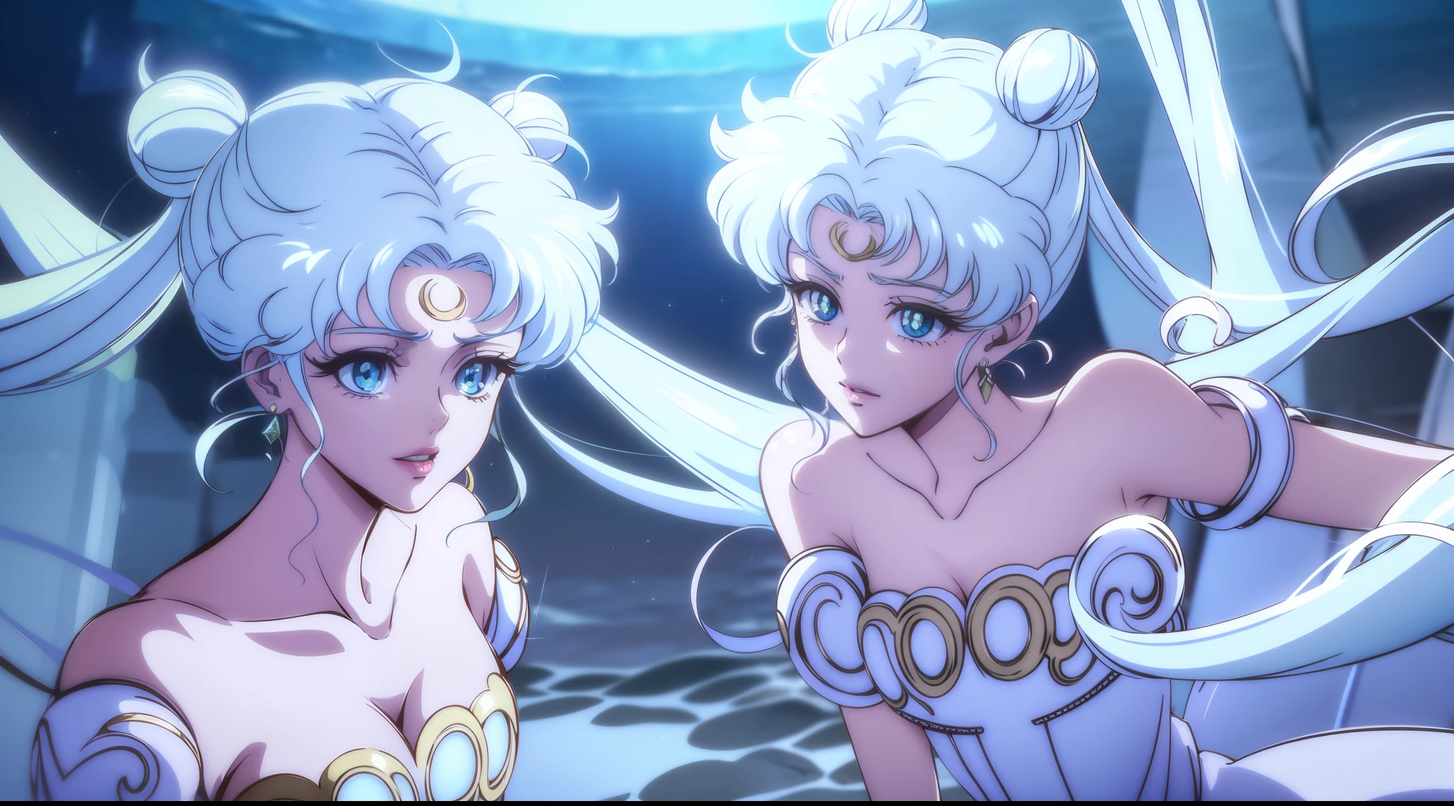 NSFW, ((beste-Qualit, 8K, tmasterpiece :1.3)), dramatic lighting, pretty woman, 1 girl, Sailor Moon, Detailed large eyes, tmasterpiece, breath taking, Viewer, Full growth in the frame, Long white hair, Two bundles on the head, pale skin, Odango hairstyle, Careful, ah high, Real water, White transparent wet long dress, crystal clear water, The water is flowing, beautiful breasts, Sexual, sexy expression, glossy skin, A crystal palace is visible in the background, Palace of Crystals, Crystals and crystal in the air and around the character, Beautiful flowers, Crystals glow