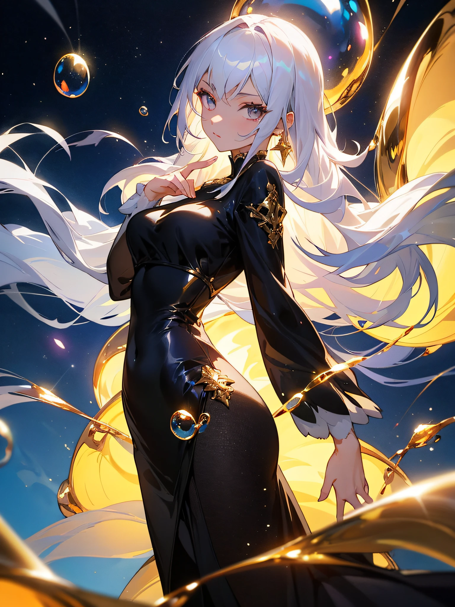 1 adult, masterpiece, best quality, girl, look at the viewer, ((she touching a bubble)), in the universe, wearing a black dress, golden details, ((looking pretty)), ((very confident)), white hair, silver eyes, long straight hair, many bubbles around, self-confident, powerful, epic, goddess