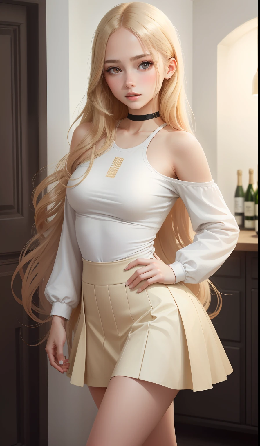 a woman in a casual clothing, white long sleeve T-shirt and circle skirt ,converse shoes, , adult face, shoulder length slightly wavy hair, ((champagne coloured hair)) and gleaming detailed vibrant hazel eyes, slim frame, medium breasts, long legs, beautiful face, medium butt size, small feet size, small hand size, perfect hands, scary face, beautiful face, pretty face, hot woman, British woman, cream skin, small soft pink lips , small to medium breast size, sharp features, slim hourglass figure, ashen hair