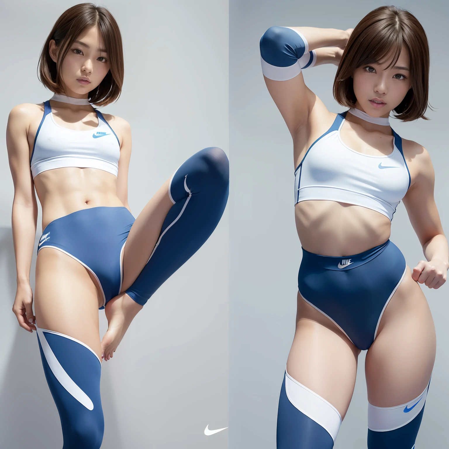 (Solo), (a detailed full-body RAW photo of a girl), (masutepiece:1.0), (Best Quality:1.4), (超A high resolution:1.2), (Photorealistic:1.4), 8K resolution, Canon EOS R5, 50 millimeters, absurderes, ultra-detailliert, (45years old), back focus, Cinematic lighting, Detailed beautiful face, (no-makeup:1.2), (ulzzang -6500-v1.1), petite figure, Detailed skin texture, (flat chest:1.4), (skinny and fit body:1.6), Detailed brown hair, sweltering,(Very short hair:1.5), See Through wear, (Blue and White Nike Wet Thin Competition Athletic Wear sports tights:1.5), More transparent, low rise, realistic glistening skin, Detailed texture, (erect nipples:1.5), dynamic pose, (:0.2), Very small, (Satomi Ishihara:0.6), Cameltoe, well-developed abs, bikini tan,