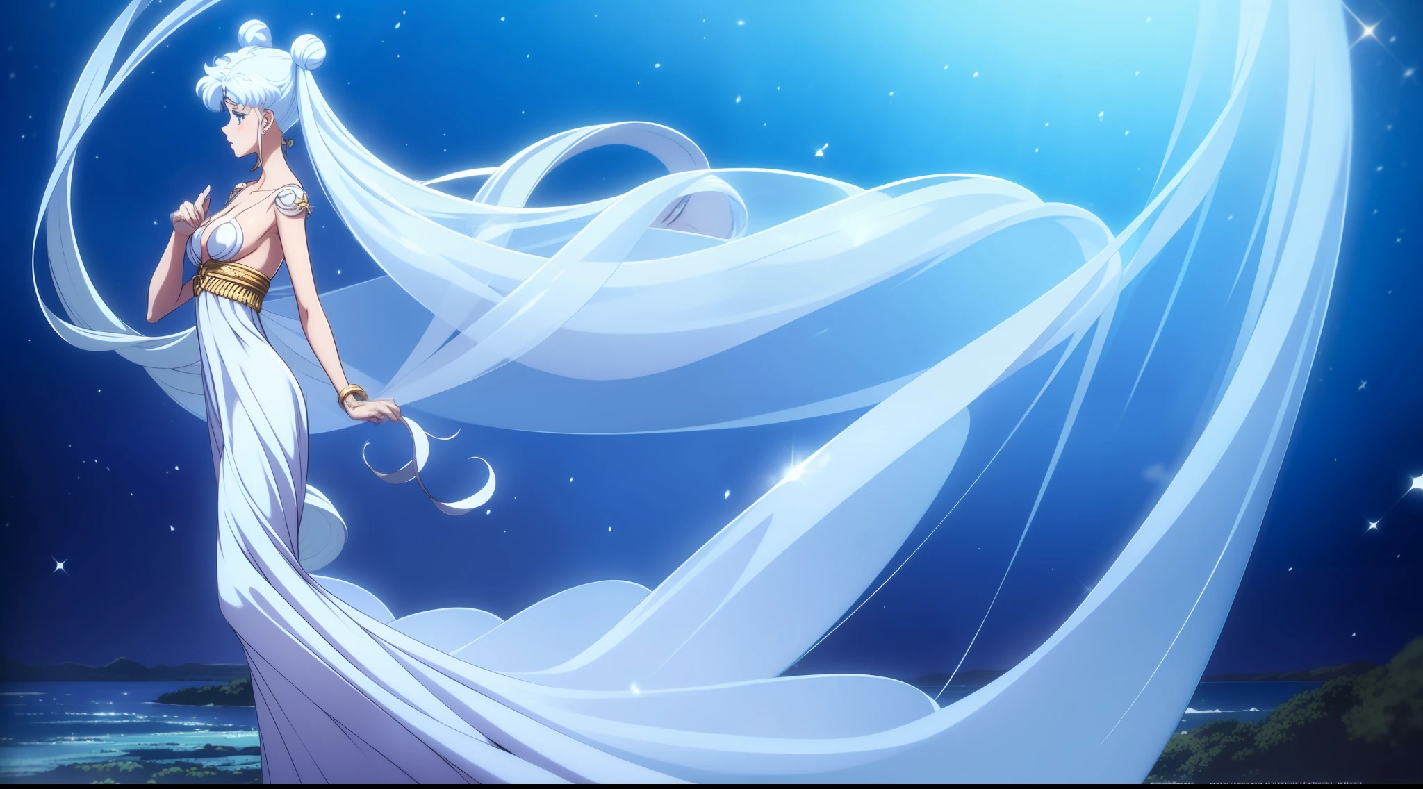 NSFW, ((beste-Qualit, 8K, tmasterpiece :1.3)), dramatic lighting, pretty woman, 1 girl, Sailor Moon, Detailed large eyes, tmasterpiece, breath taking, Viewer, Full growth in the frame, Long white hair, Two bundles on the head, pale skin, Odango hairstyle, Careful, ah high, Real water, White transparent wet long dress, crystal clear water, The water is flowing, beautiful breasts, Sexual, sexy expression, glossy skin, A crystal palace is visible in the background, Palace of Crystals, Crystals and crystal in the air and around the character, Beautiful flowers, Crystals glow