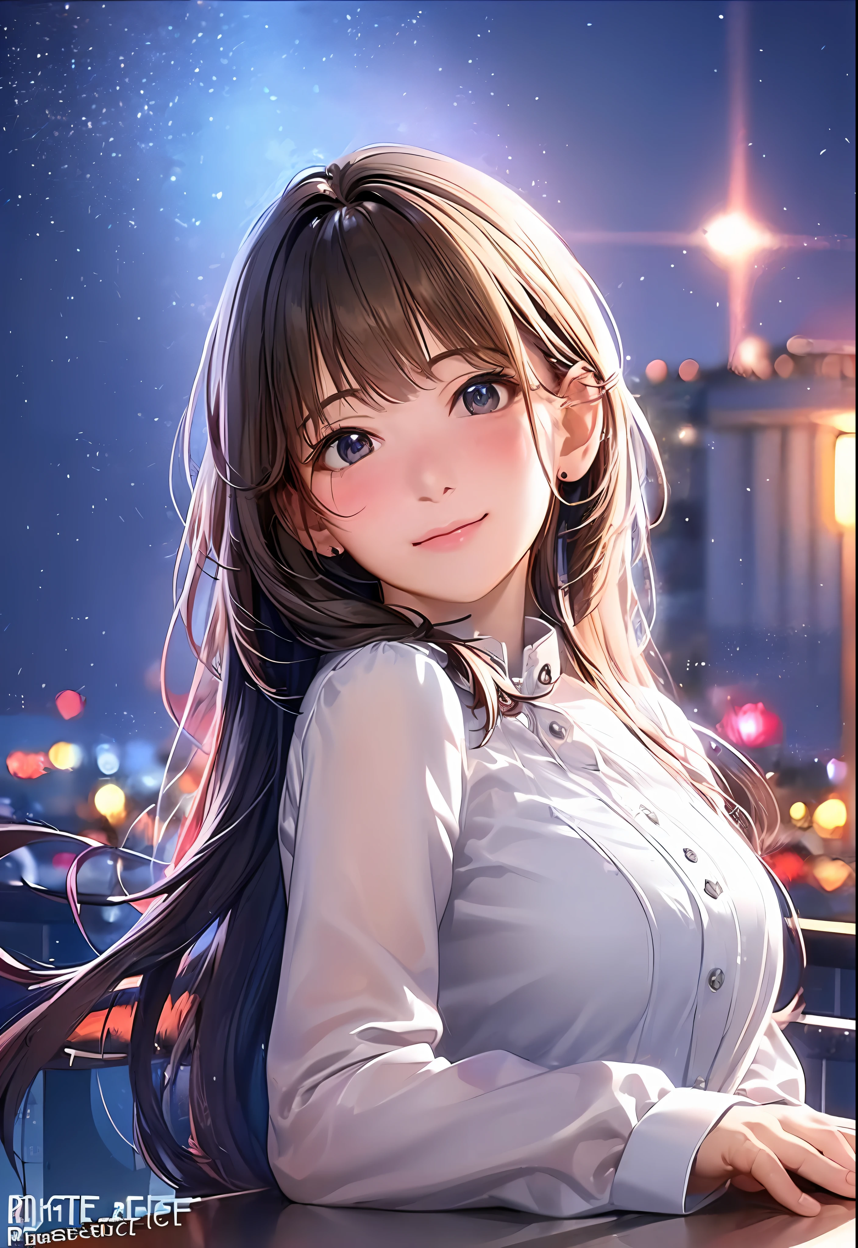 (8K, Best Quality, masutepiece:1.2), (Realistic, Photorealsitic:1.37), Ultra-detailed, 1 girl,Cute, Solo,Midnight,Beautiful detailed sky,Detailed Cafe,Sitting,Dating,(nose blush),(Smile:1.15),(Closed mouth) Small breasts,Beautiful detailed eyes,Floating Hair NovaFrogStyle,Pink dress