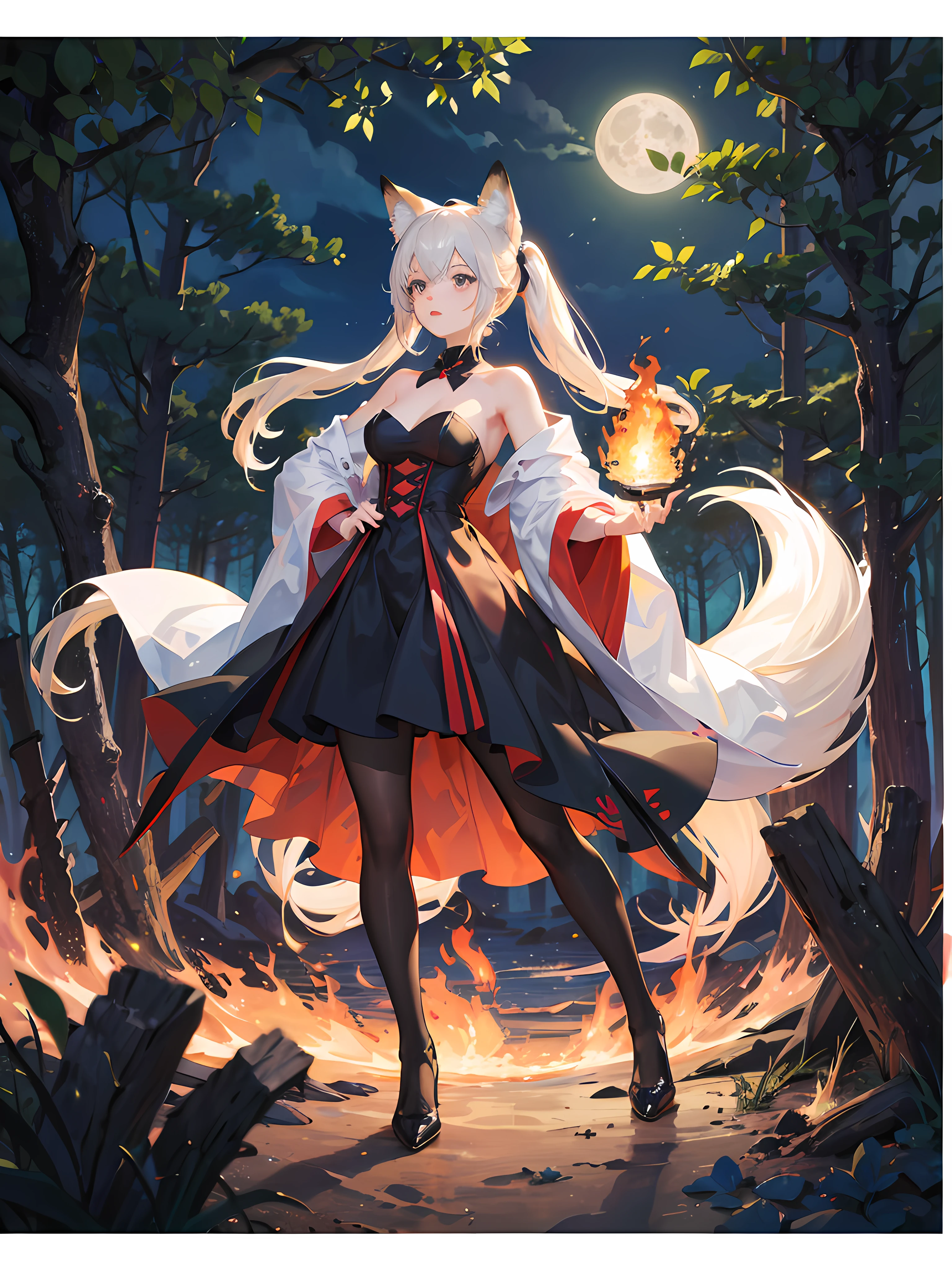 (Masterpiece:1.2, Best quality:1.2) , {Fox girl} , ((fox ear)) , Very long hair , pony tails , whaite hair , Medium breasts ,Black eyes ,((Masterpiece)), (((Best quality))), ((Ultra-detailed)), ((illustration)), ((Disheveled hair)) , parfect anatomy ,Black strapless dress, Cloak, Black pantyhose,eaba , Solo , one-girl , (at a forest) , magic , Fire on the hand , Night , Moon , Moon light , (Fighting posture) , Magical Circle , The hand rests on a large fireball , Fire cube on a circle ,