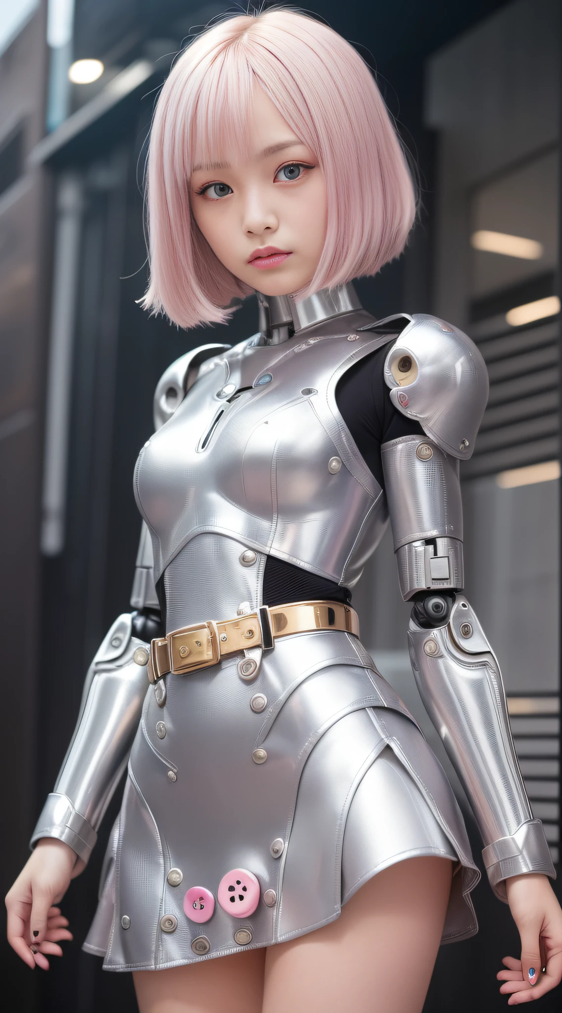 (Photorealsitic:1.4)、Onegirl、(top-quality),(hyperdetailed face)、(Super well-formed face)、((Robot Parts))、(Cyborg girl)、(Silver)、(metalic)、(fullllbody)、(sexy pose)、(Slender body)、(Model body type)、(mecha exposure)、(akihabara)、(is looking at the camera)、(A dark-haired)、(10Head and body)、(a small face)、(Idol)、(front facing)、(is standing)、(Photo session)、(Looks sad)、(Cyborg girl in pale pink dress)、(Golden button)、(sleeve less)、(a miniskirt)、(a belt)