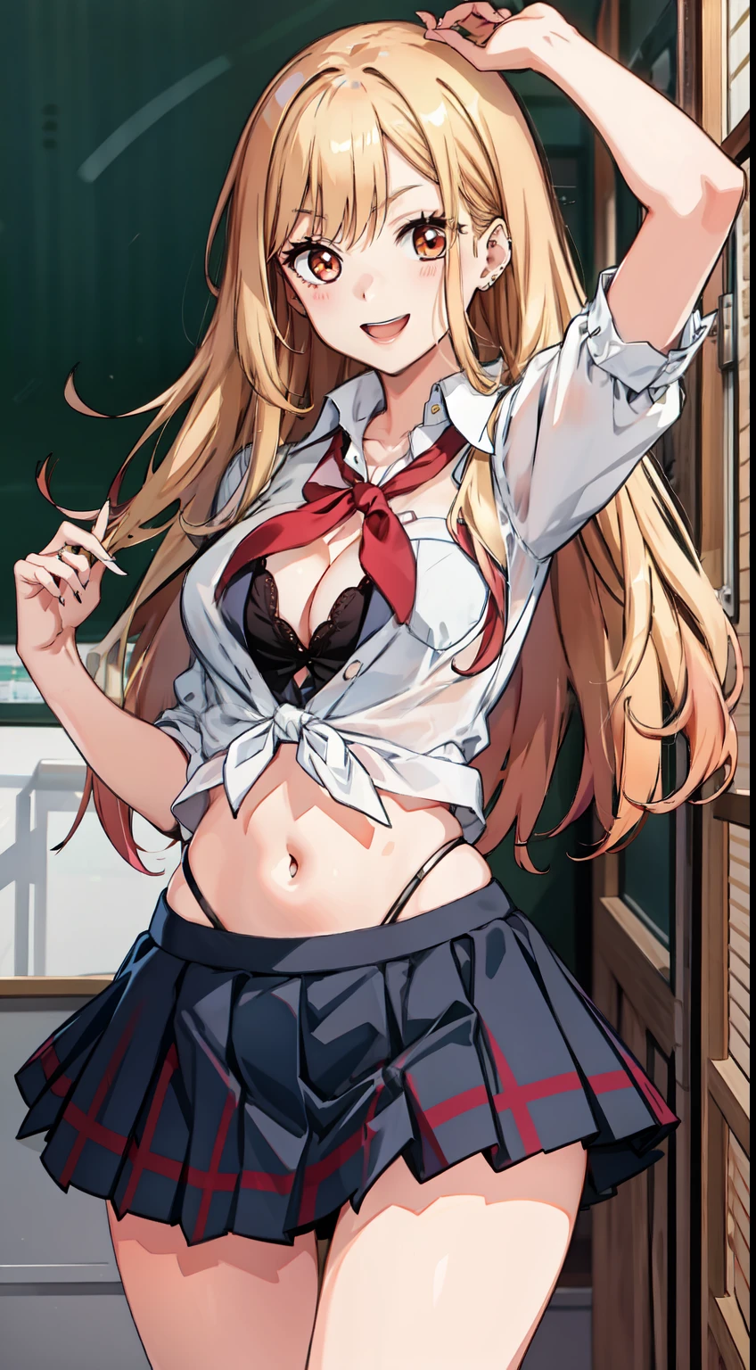 long hair, cleavage, navel, slim legs, blonde hair, skirt, Kitagawa marin, school uniform, class, navel, happy, orange eyes
