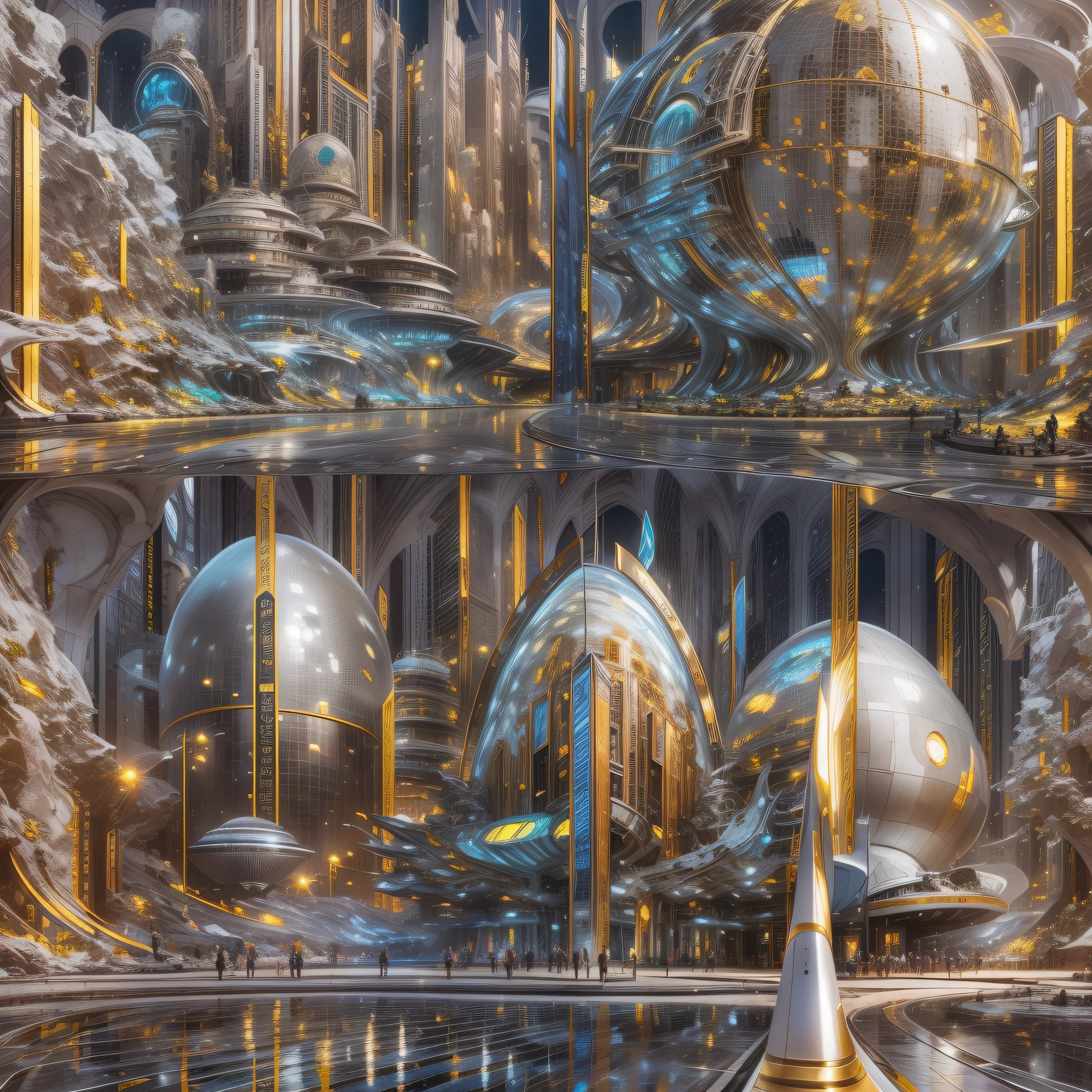 en un planeta desconocido la tripulacion de una spacecraft, Stroll through its bright pavement observing the immense buildings of great technology and fantastic design with colors of the luminous arch and abundance of silver, oro y bronce en sus edificaciones.