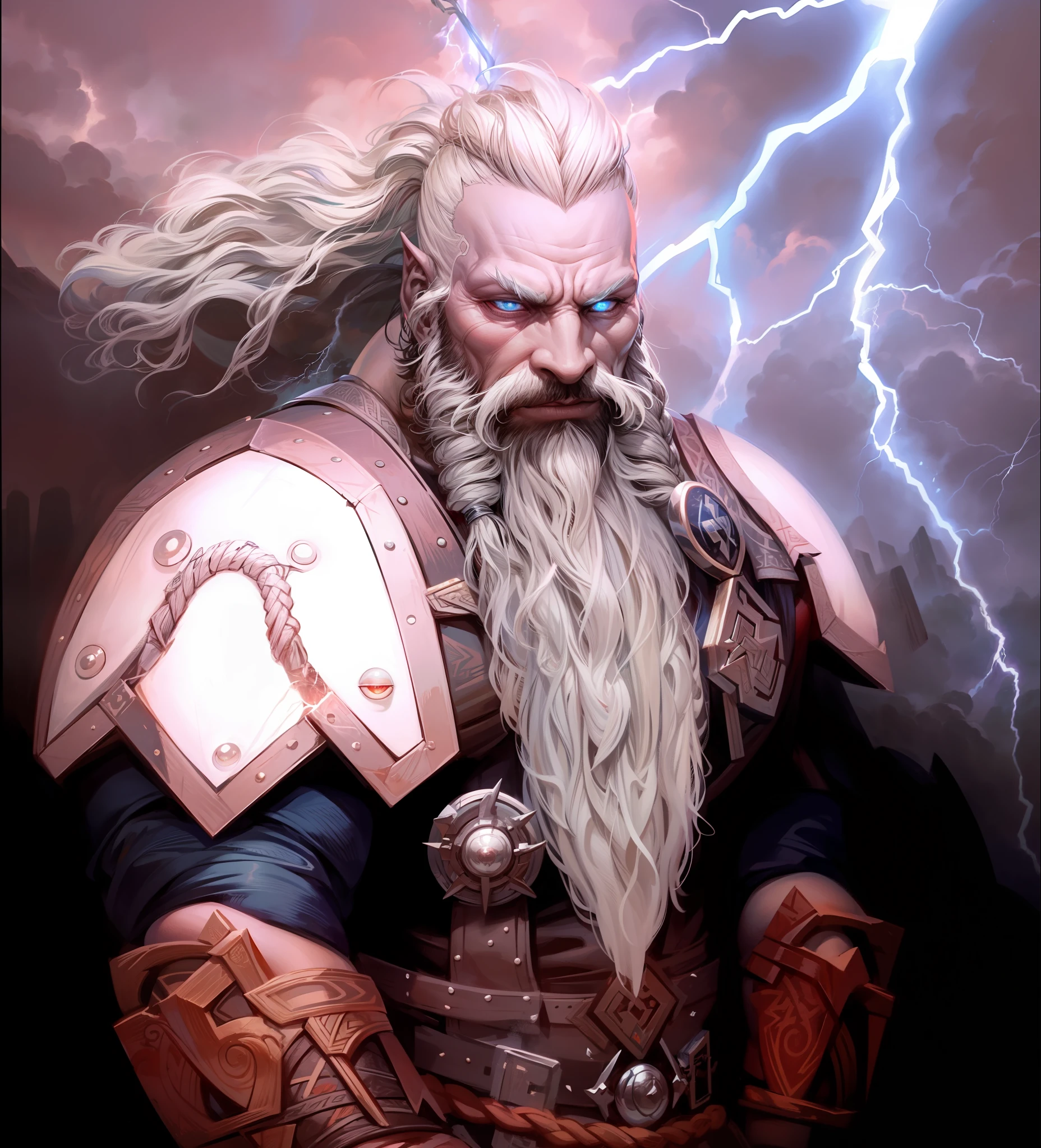 Thorin: Dwarven god of Thunder War and Lightning, mithycal dwarf, norse tattoos on his head, lightning coming out of his eyes, lightning, god of thunder, thunder and lightning, huge nose, holding a Legendary axe in one hand and a Legendary hammer in the other hand, white hair shaved on the sides, braided mohawk, head tattoos, braided white beard, wolfs sculpted inn his armor, extremely intimidating, wrath, anger, glowing eyes, god, godly power, god-like power of lightning, huge thick nose, big nose, Dwarven god, dwarf, dwarf from Lord of the Rings, dwarf god