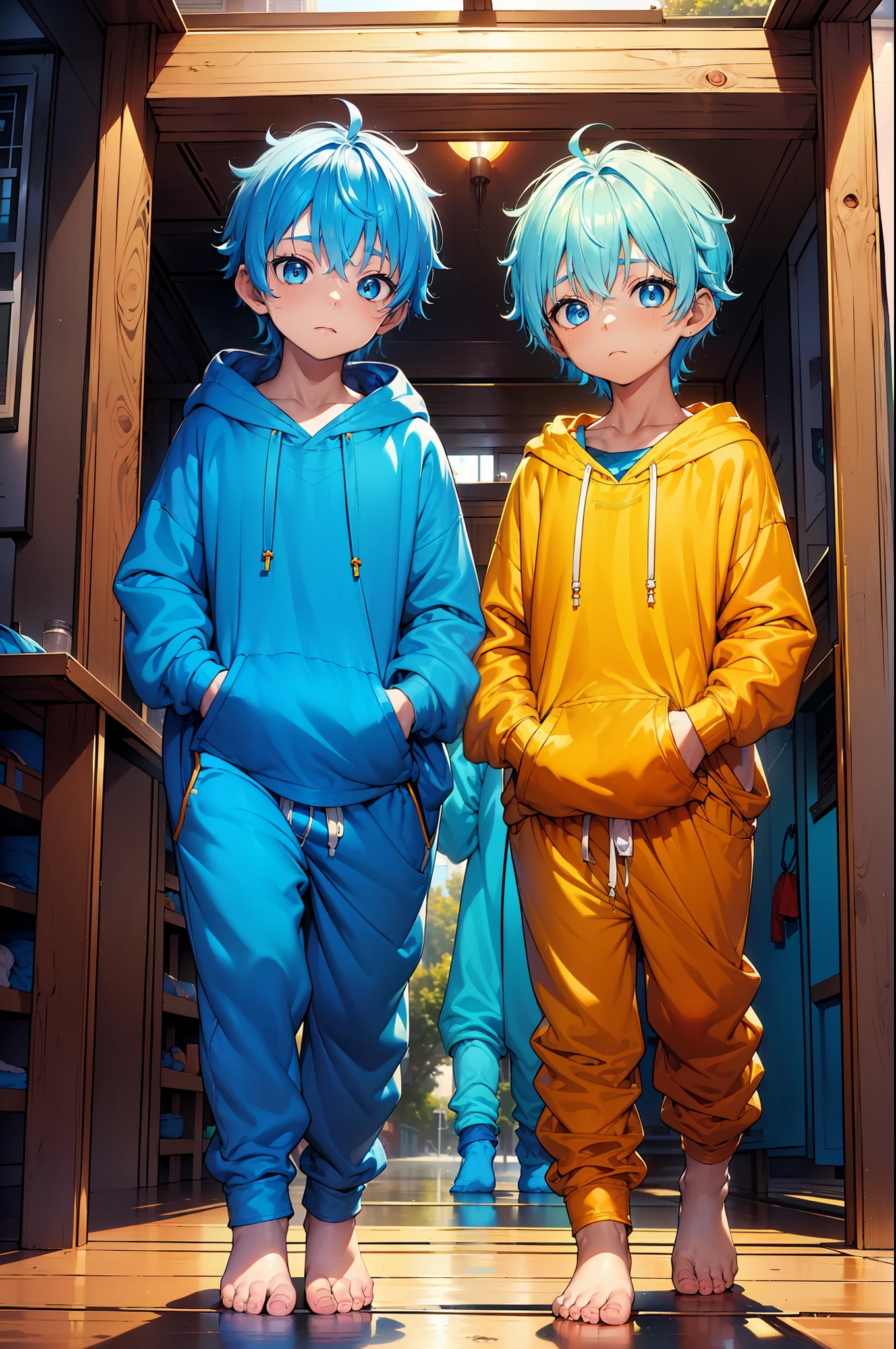 2 Little boys with blue colored hair and shiny, glowing cyan eyes and barefoot and small feet, who wear a yellow oversized hoodie and sweatpants walking along a river, flush, Jung, Junge, Kind, klein, Kleinkind, tiny feet, (Jogginghose:1.4), (Jung:1.4), (Kind:1.4), (Shota:1.4), (Kapuzenpullover:1.4), (sunrise:1.4)