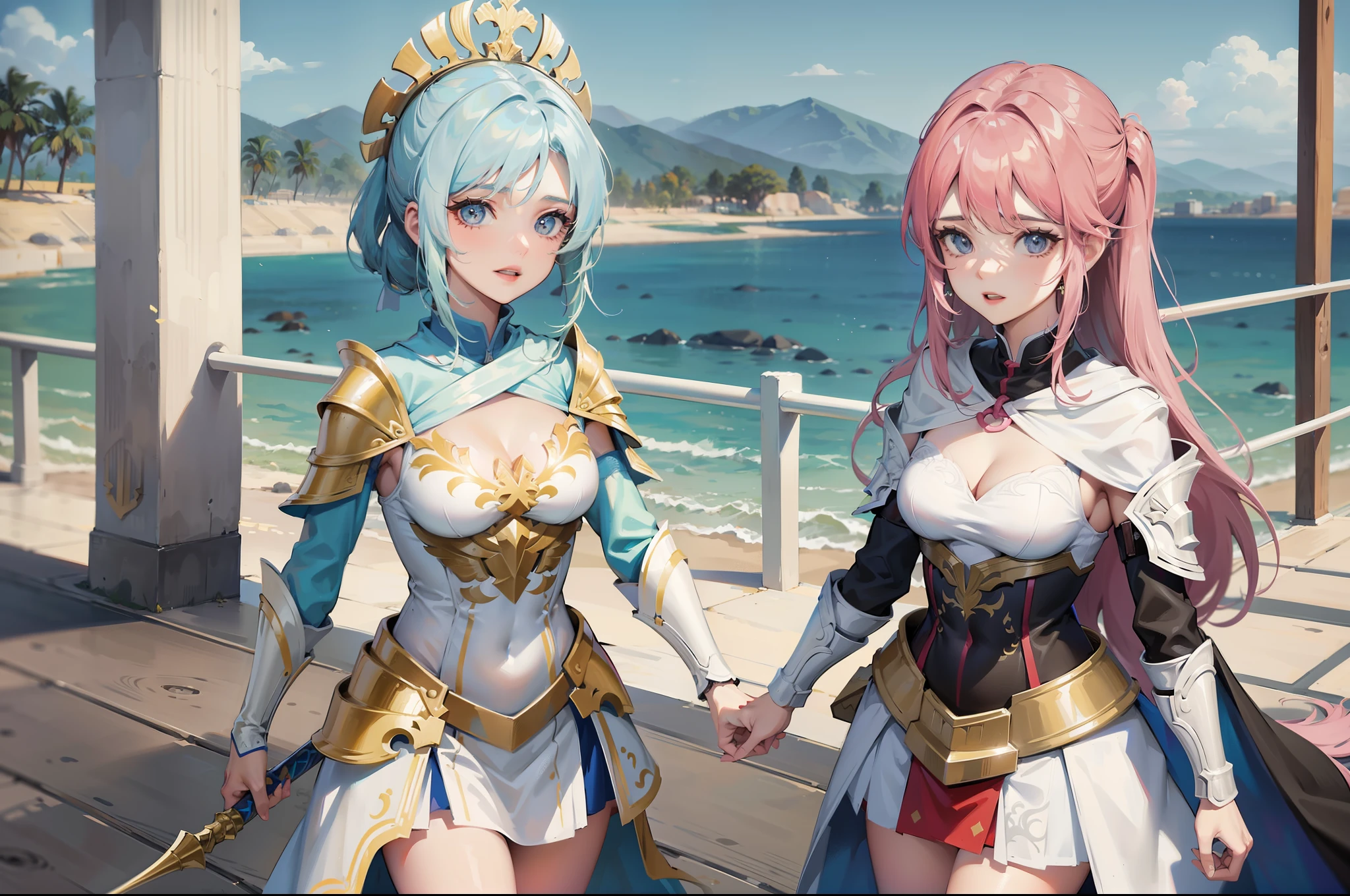 primer plano. Una foto de dos gladiadoras muy bellas y atractivas, usando varias piezas de armadura y levantando los brazos con el arma hacia arriba