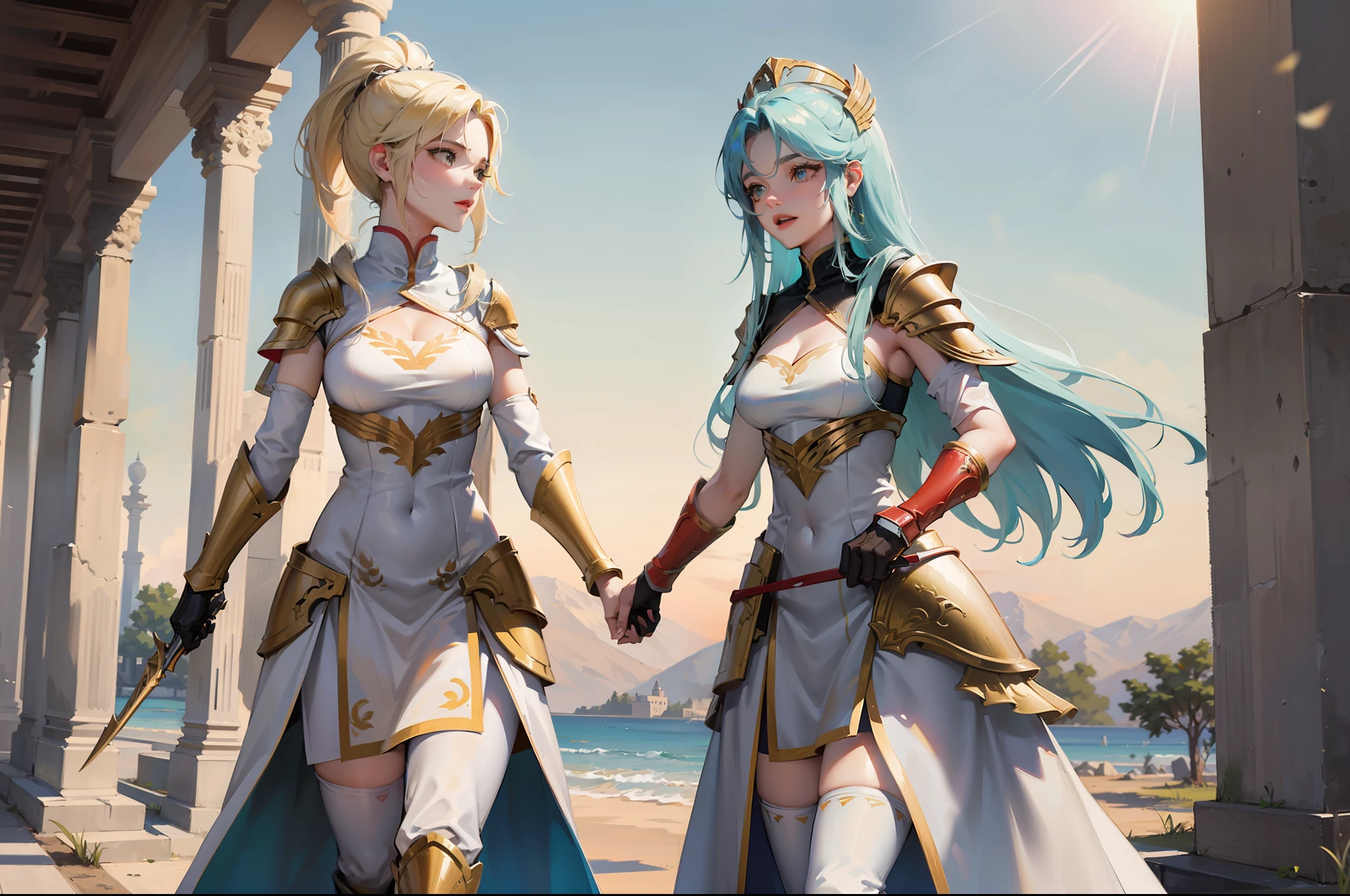 primer plano. Una foto de dos gladiadoras muy bellas y atractivas, usando varias piezas de armadura y levantando los brazos con el arma hacia arriba