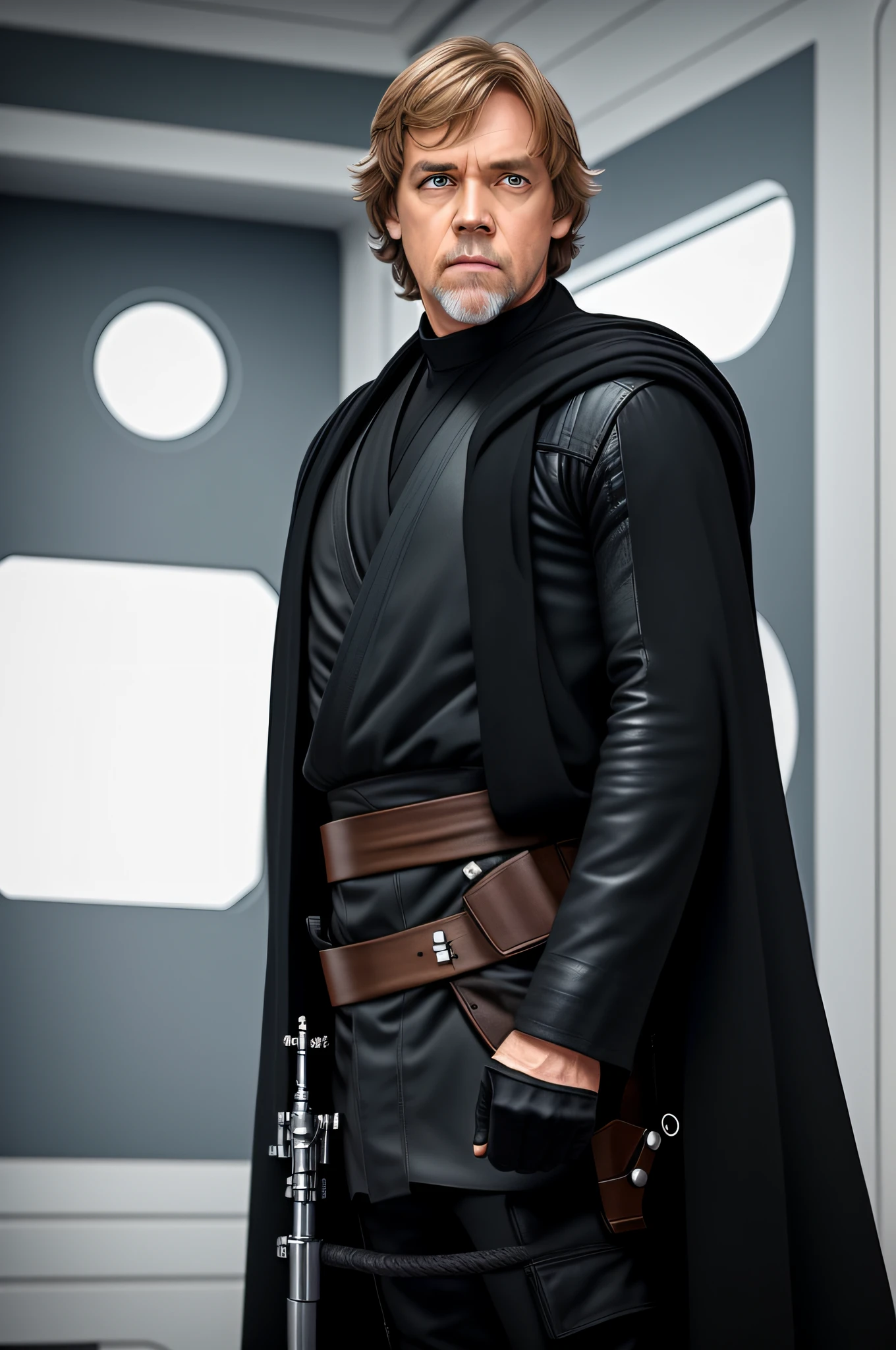 Luke Skywalker realista qualidade 8k, imagem nitida do rosto, dentro de uma barbearia, vestido todo de preto, olhando para a camera