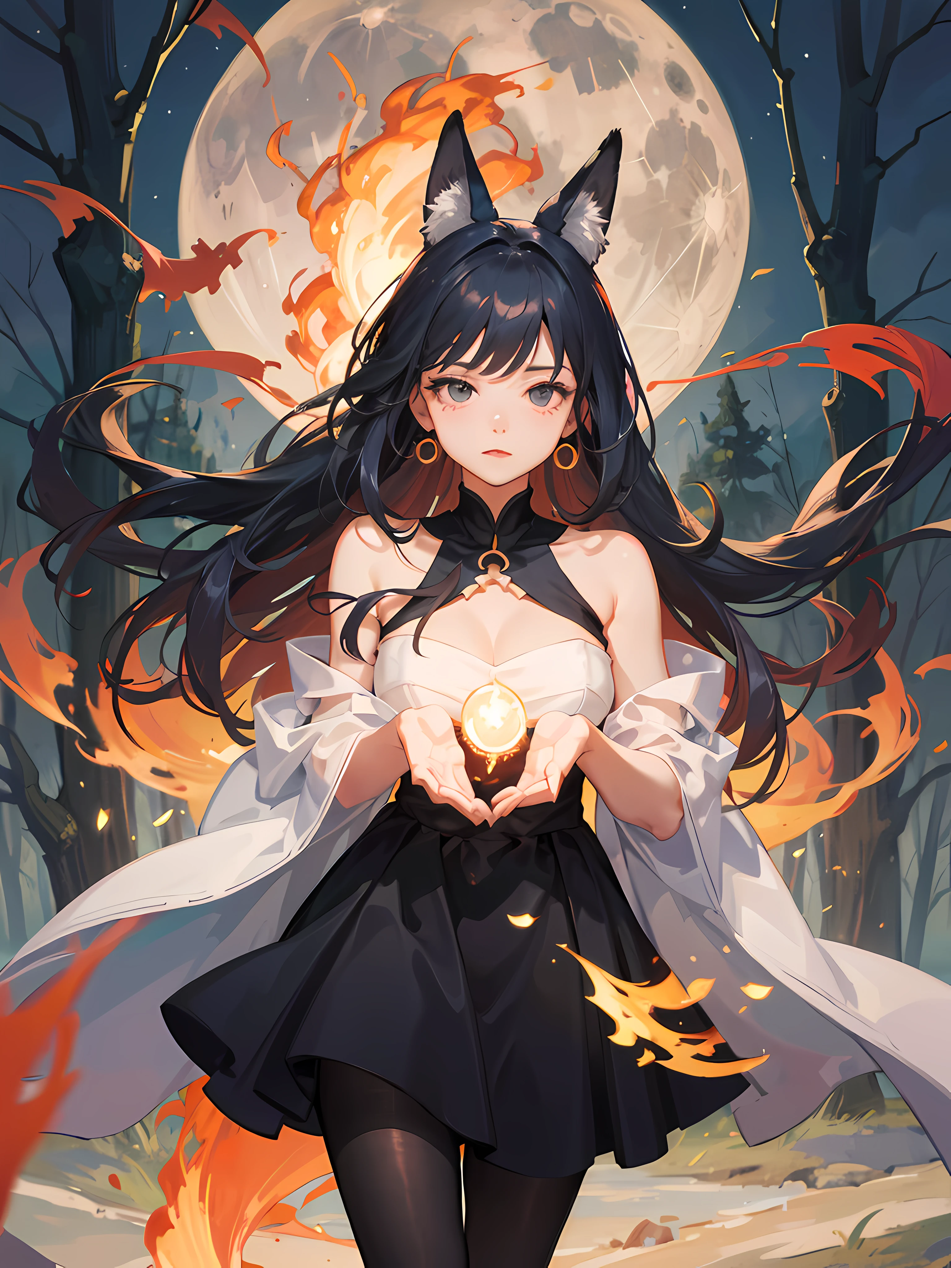 (Masterpiece:1.2, Best quality:1.2) , {Fox girl} , ((fox ear)) , Very long hair , pony tails , whaite hair , Medium breasts ,Black eyes ,((Masterpiece)), (((Best quality))), ((Ultra-detailed)), ((illustration)), ((Disheveled hair)) , parfect anatomy ,Black strapless dress, Cloak, Black pantyhose,eaba , Solo , one-girl , (at a forest) , magic , Fire on the hand , Night , Moon , Moon light , (Fighting posture) , Magical Circle , The hand rests on a large fireball , Fire cube on a circle ,