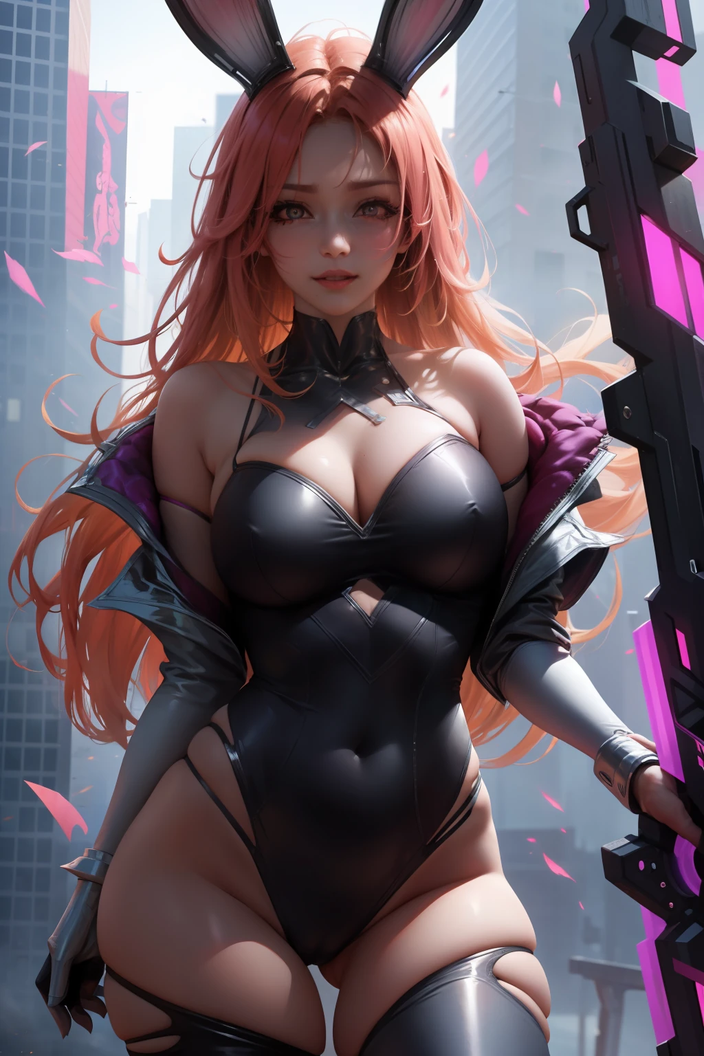 Two crazy girl hugging, Hyper Detail, Girls Only, Dynamic Lighting, (Glossy skin: 1.5), Masterpiece, Top Quality, Absurdity, really short demon clothes, breasts, cleavage, golden eyes, ray tracing, very long hair, masterpiece, hair between eyes, blush, NSFW, sexy, dynamic poses, wet, bunny ears, bunny tail, highly detailed, cyberpunk suit, crazy smile, attractive, psychotic, demon horn, blood