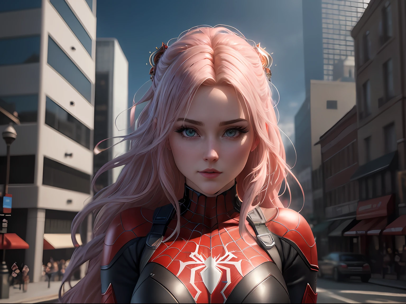 4k, realistic, carismatic, very detail, there is a girl on top city, wearing spiderman costum, she is a spiderman, super hero theme, gorgeous Rapunzel tresses, mesmerizing eyes, detailed facial features, 25 years old, full body, realistic Barbie doll, realistic anime style, cinematic, Hyper-detailed, insane details, Beautifully color graded, Unreal Engine, DOF, Super-Resolution, Megapixel, Cinematic Lightning, Anti-Aliasing, FKAA, TXAA, RTX, SSAO, Post Processing, Post Production, Tone Mapping, CGI, VFX, SFX, Insanely detailed and intricate, Hyper maximalist, Hyper realistic, Volumetric, Photorealistic, ultra photoreal, ultra-detailed, intricate details, 8K, Super detailed, Full color, Volumetric lightning, HDR, Realistic, Unreal Engine, 16K, Sharp focus, cgsociety 9