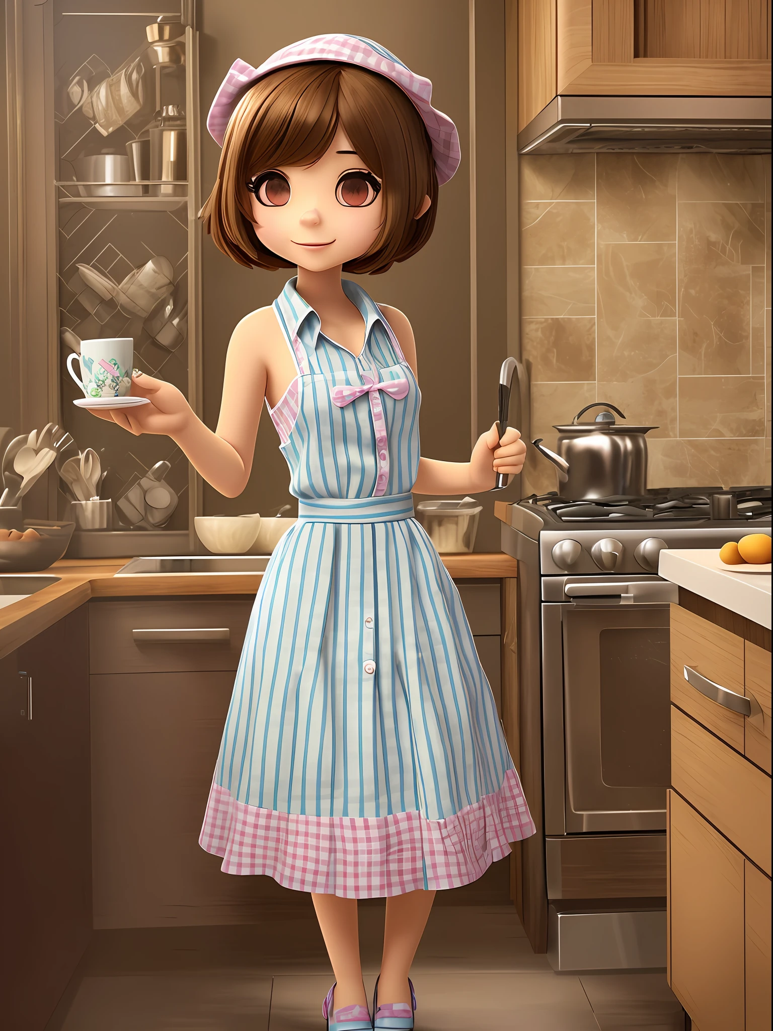 ((uma)) ((personagem girl)) character pixar, ((chibi menina bonita,)) Realistic Utra detailed HD scenery in a kitchen with coffee and cake. roupa de banho