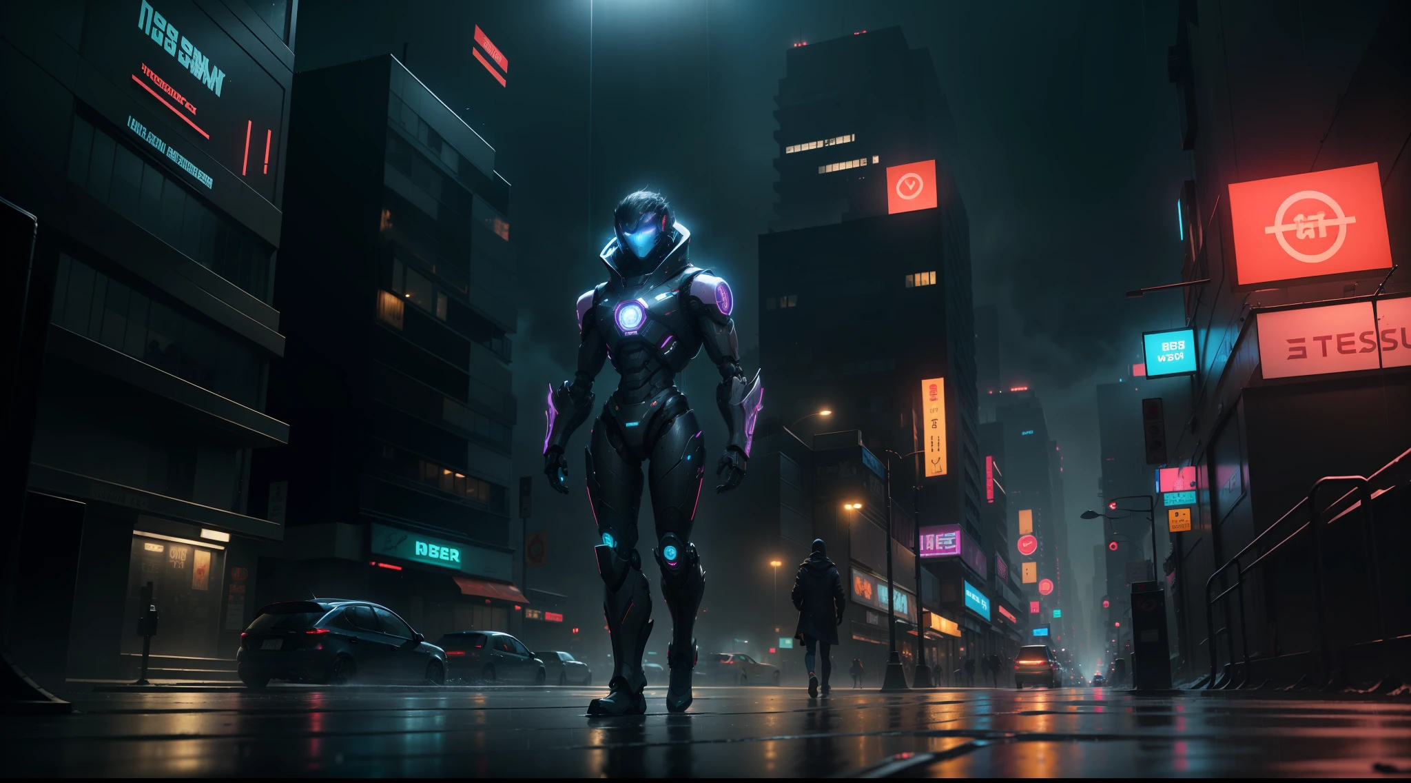 Create a compelling image of a street in a cyberpunk city at night, with imposing glass-fronted buildings surrounding the road, reflecting the intense rain. The atmosphere is laden with mystery and fear, with sinister neon lights flashing in patterns. The rain's mist creates an ethereal veil, obscuring vision and heightening the sense of suspense. Amid the darkness, a robot with a face mixed between human and electronic stands out, its shimmering eyes revealing a disturbing gleam. The robot walks the street, its presence accentuating the feeling of dread. The scene is a dark and futuristic fusion that evokes mystery and unease.