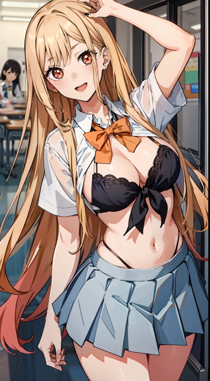 long hair, cleavage, navel, slim legs, blonde hair, skirt, Kitagawa marin, school uniform, class, navel, happy, orange eyes