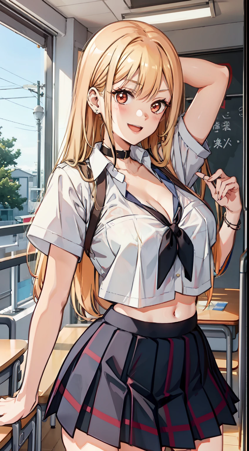 long hair, cleavage, navel, slim legs, blonde hair, skirt, Kitagawa marin, school uniform, class, navel, happy, orange eyes